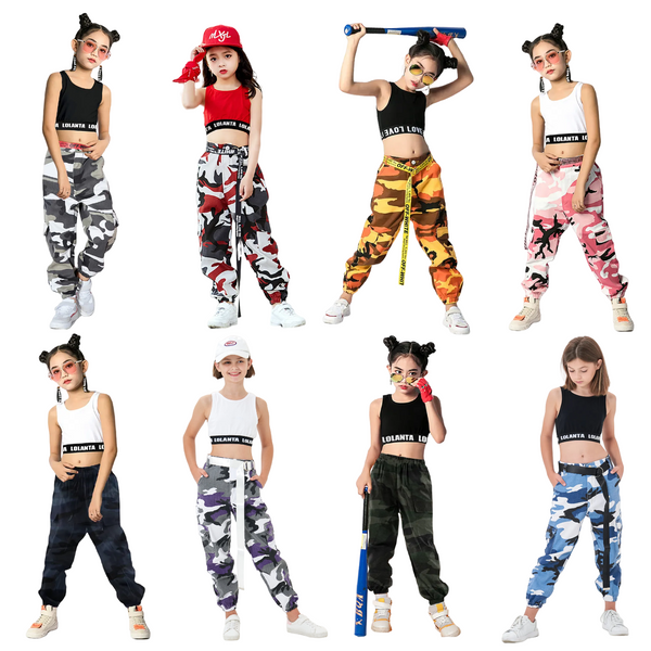 LOLANTA Girls Hip Hop Dance 3PCS Crop Top and Cargo Pants Set