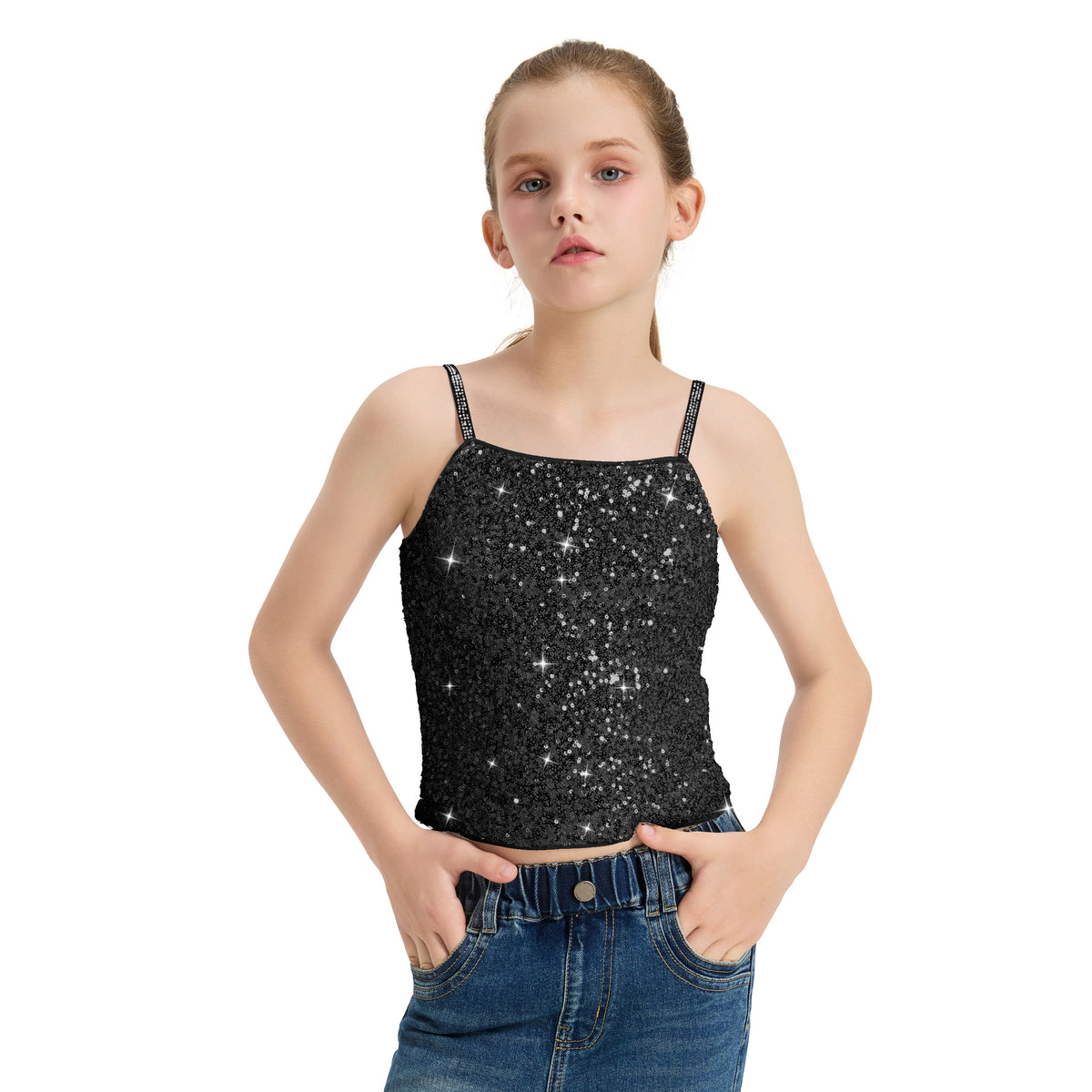 Girls Sequin Tank Tops Sparkly Camisole Stretchy Dance Shirt