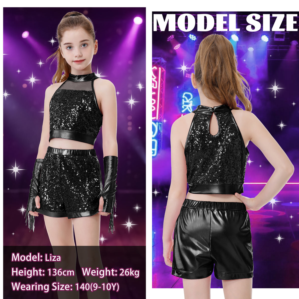 Girls’ Sequin Dance Outfit Crop Sequin Top Metallic Shorts with Tassel Arm Sleeves