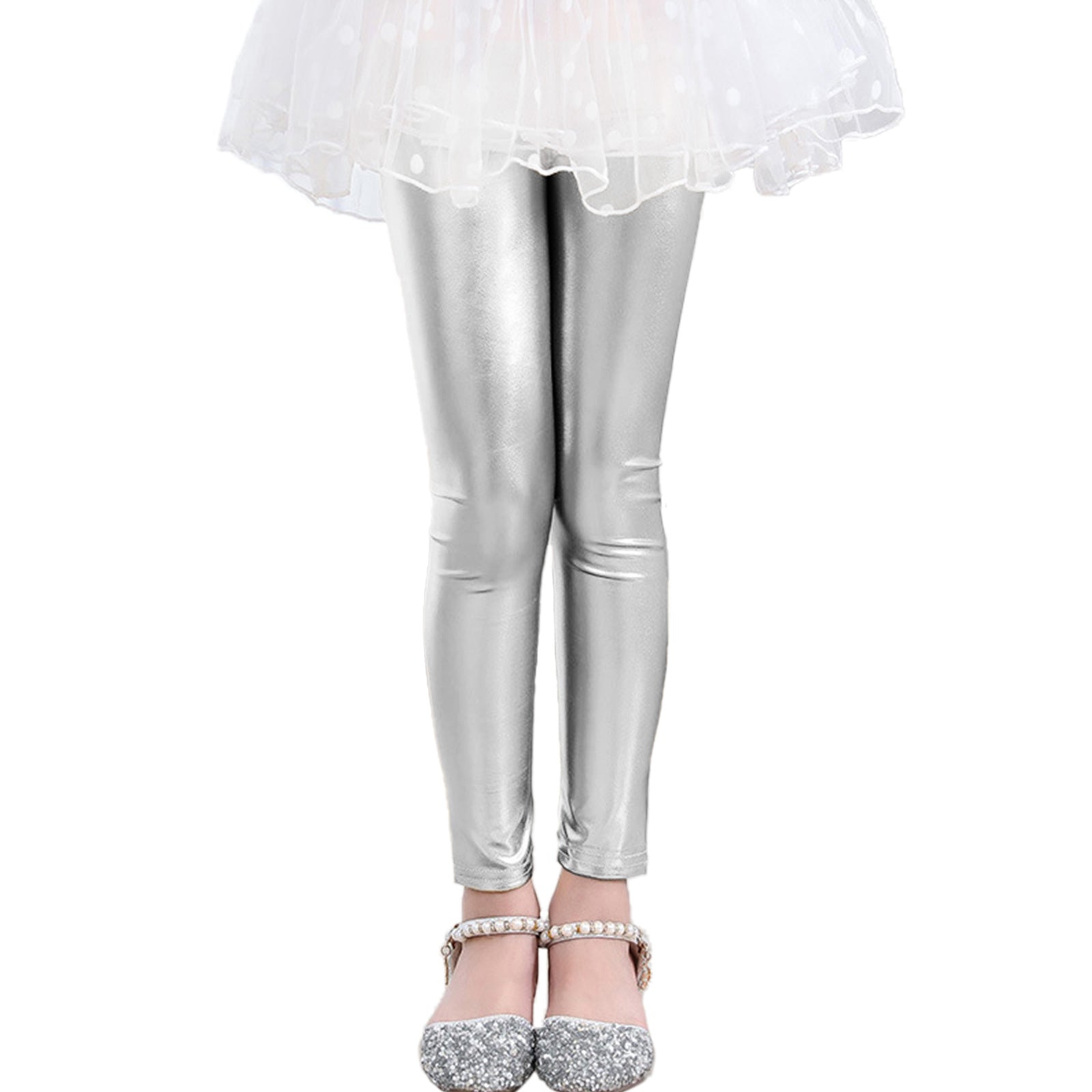 Girls Metallic Leggings Ankle Length Shiny Dance Pants