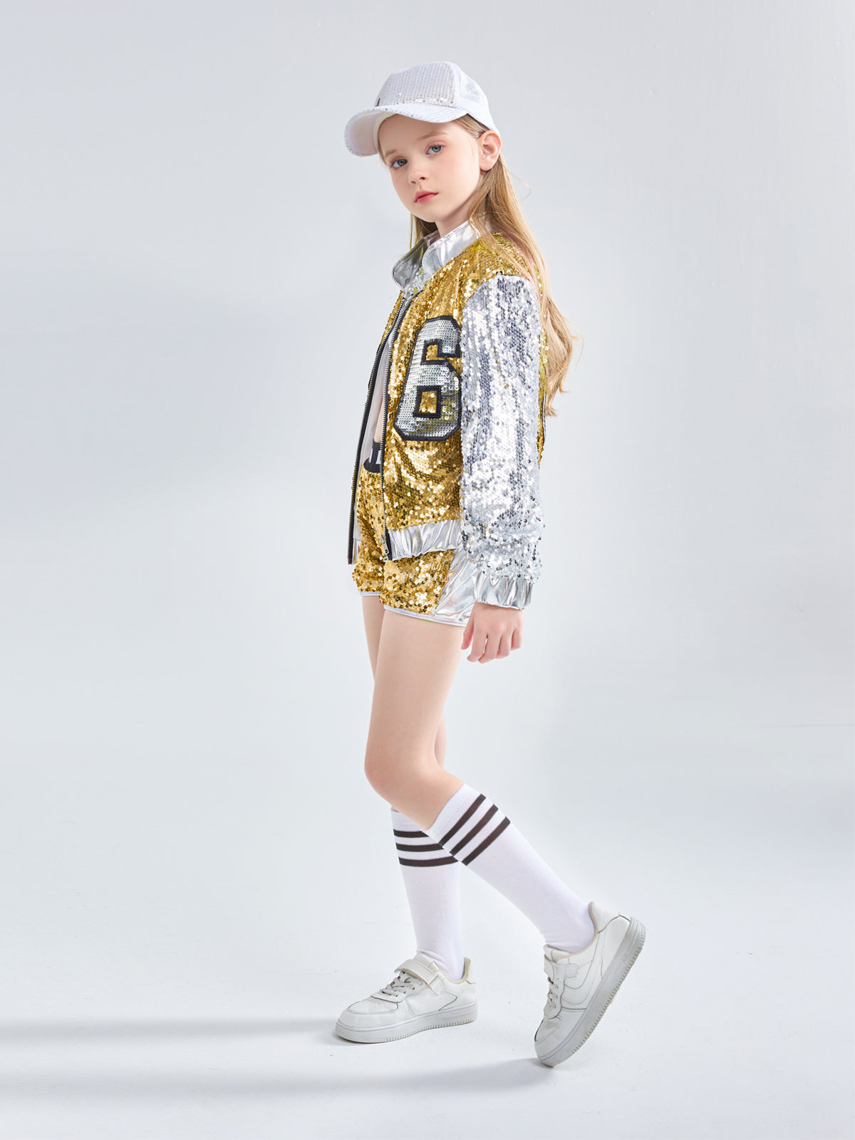 [VIP]Girls Fashionable Sequins Crop Top Shorts Dance Clothes