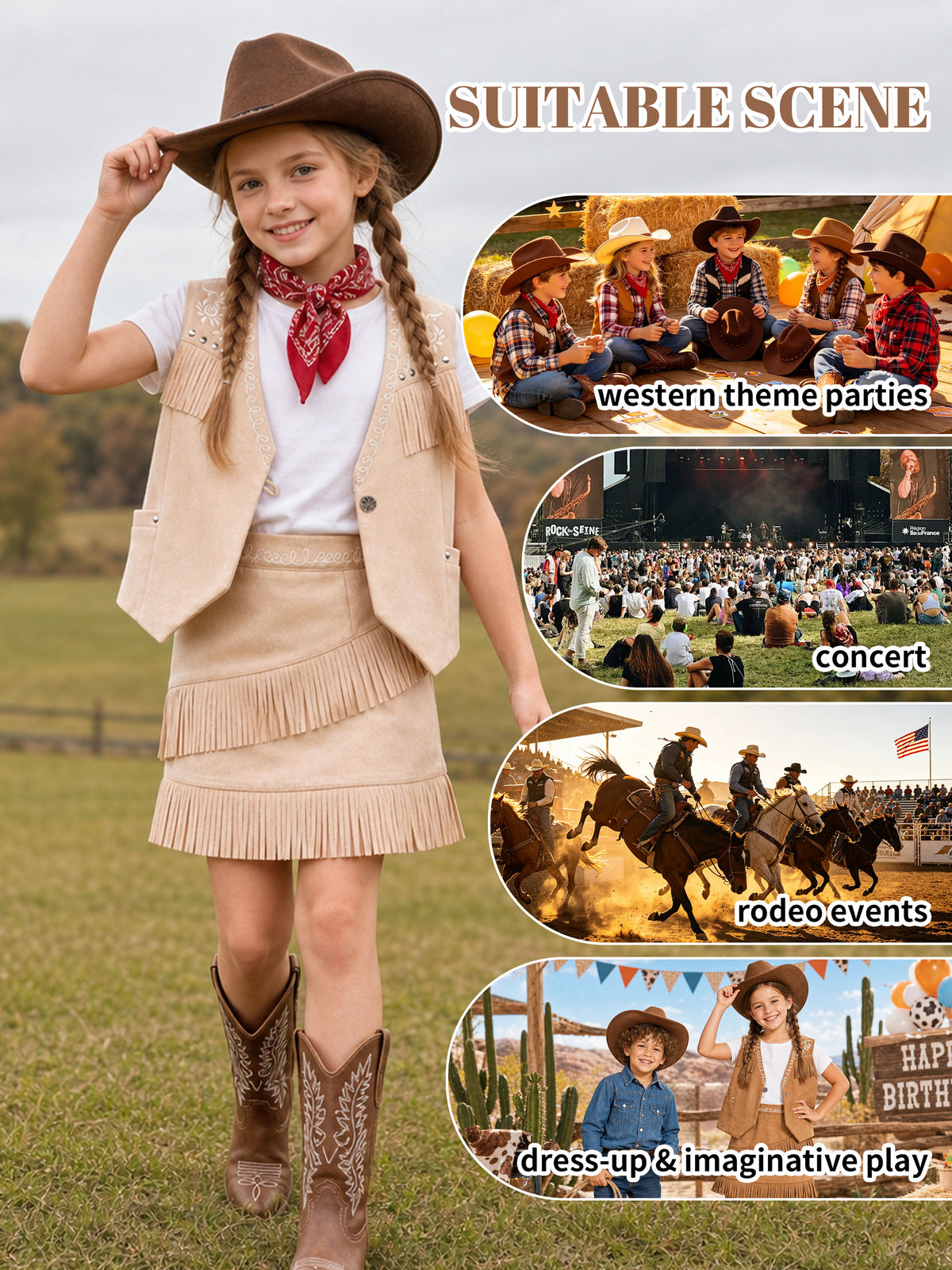 Cowgirl Outfits for Girls, Boho Western Fringe Vest Skirt 2Pcs Set