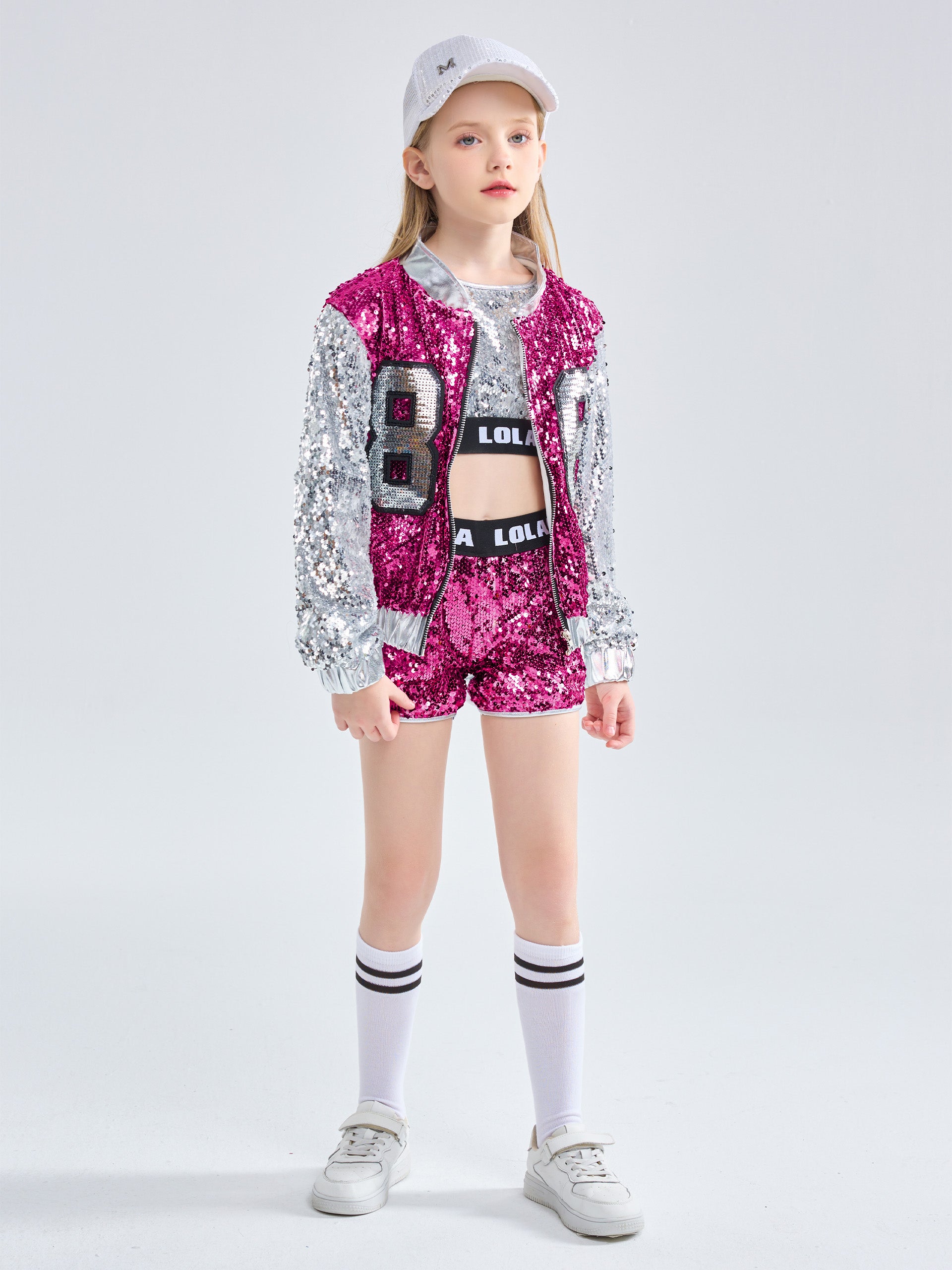[VIP]Girls Fashionable Sequins Crop Top Shorts Dance Clothes