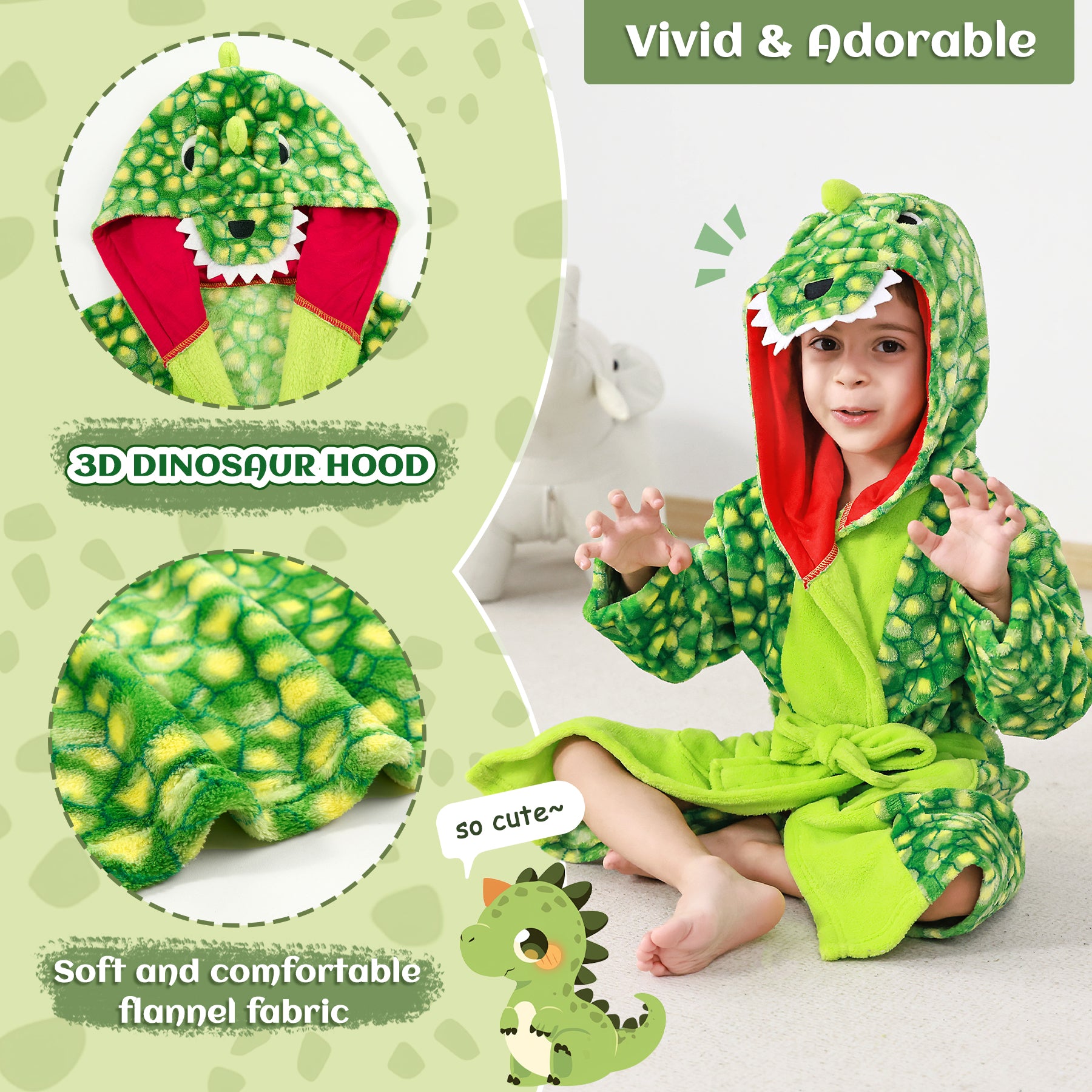 Boys Hooded Robes Fleece Dinosaur Bathrobe