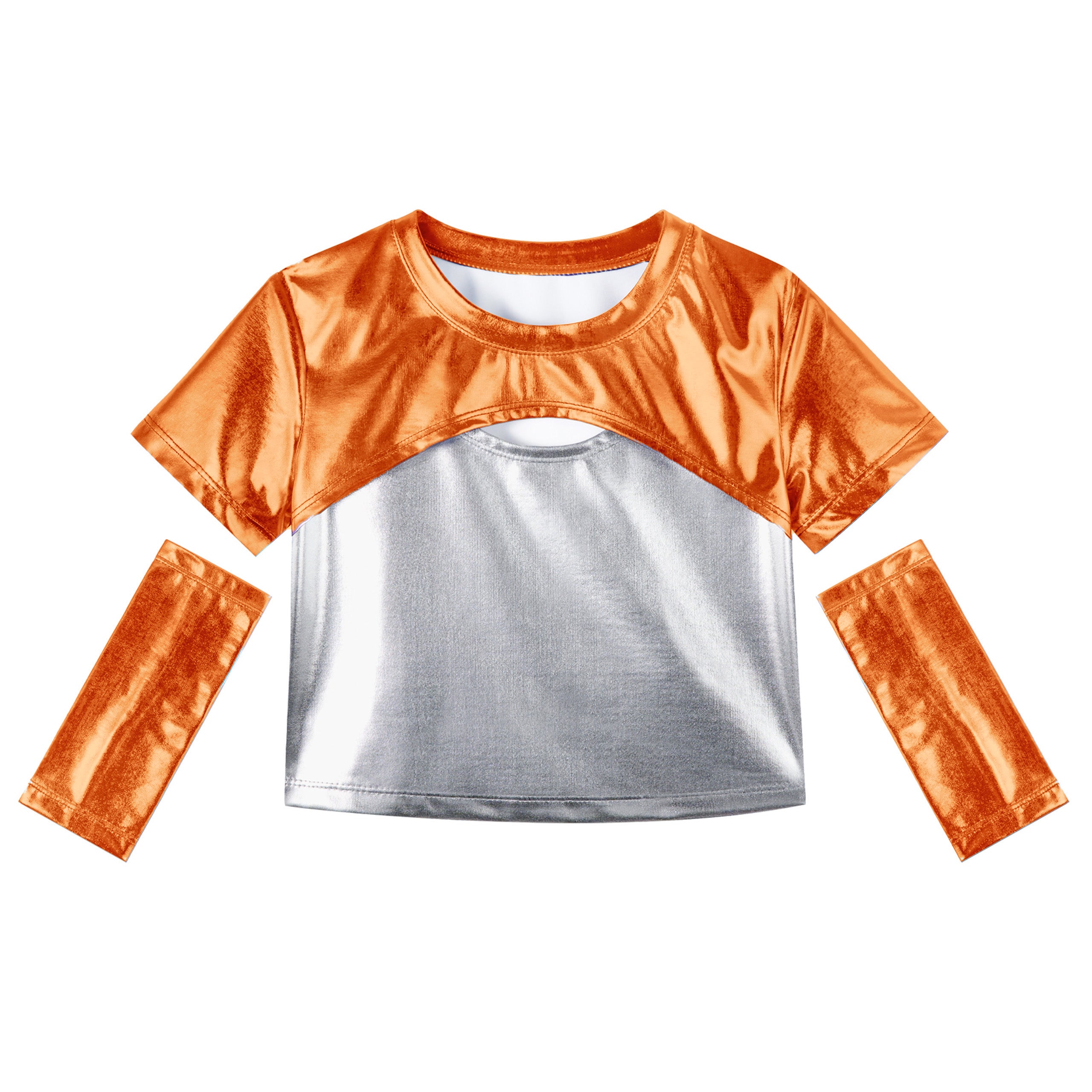 Girls Metallic Shirts with Arm Sleeves Slim Fit Stretchy Shiny Hip Hop Dance Top