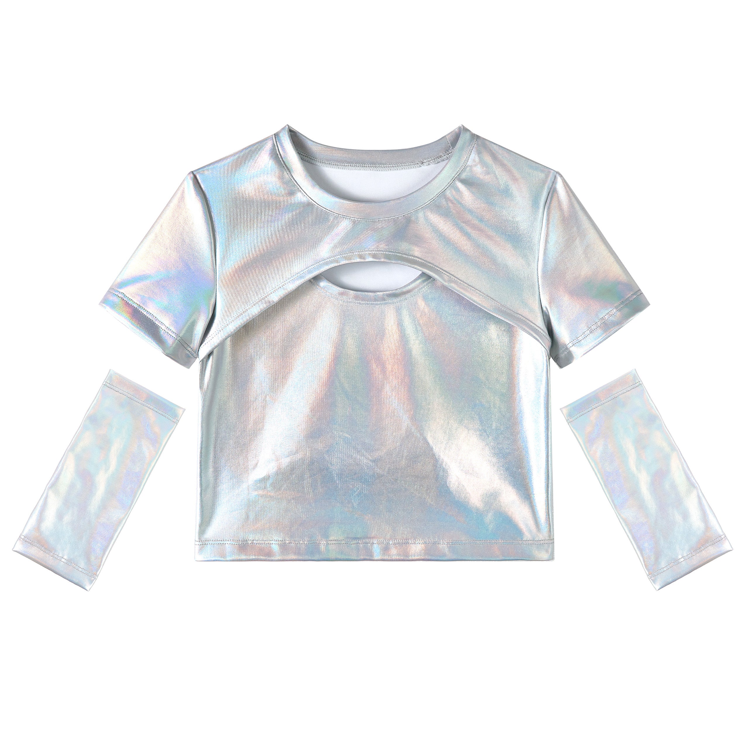 Girls Metallic Shirts with Arm Sleeves Slim Fit Stretchy Shiny Hip Hop Dance Top