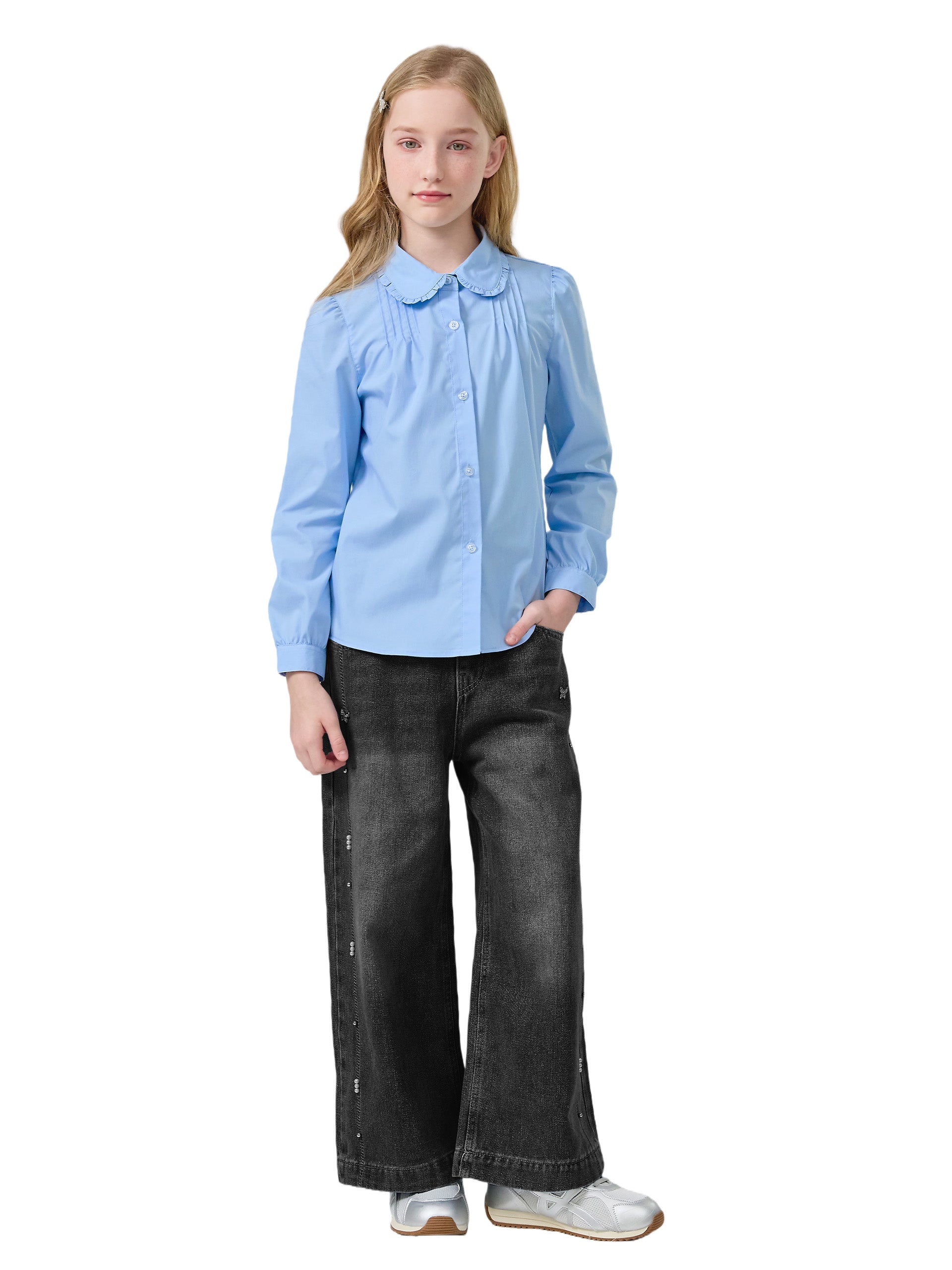 Girls Long Sleeve Uniform Shirt Blouse with Peter Pan Collar