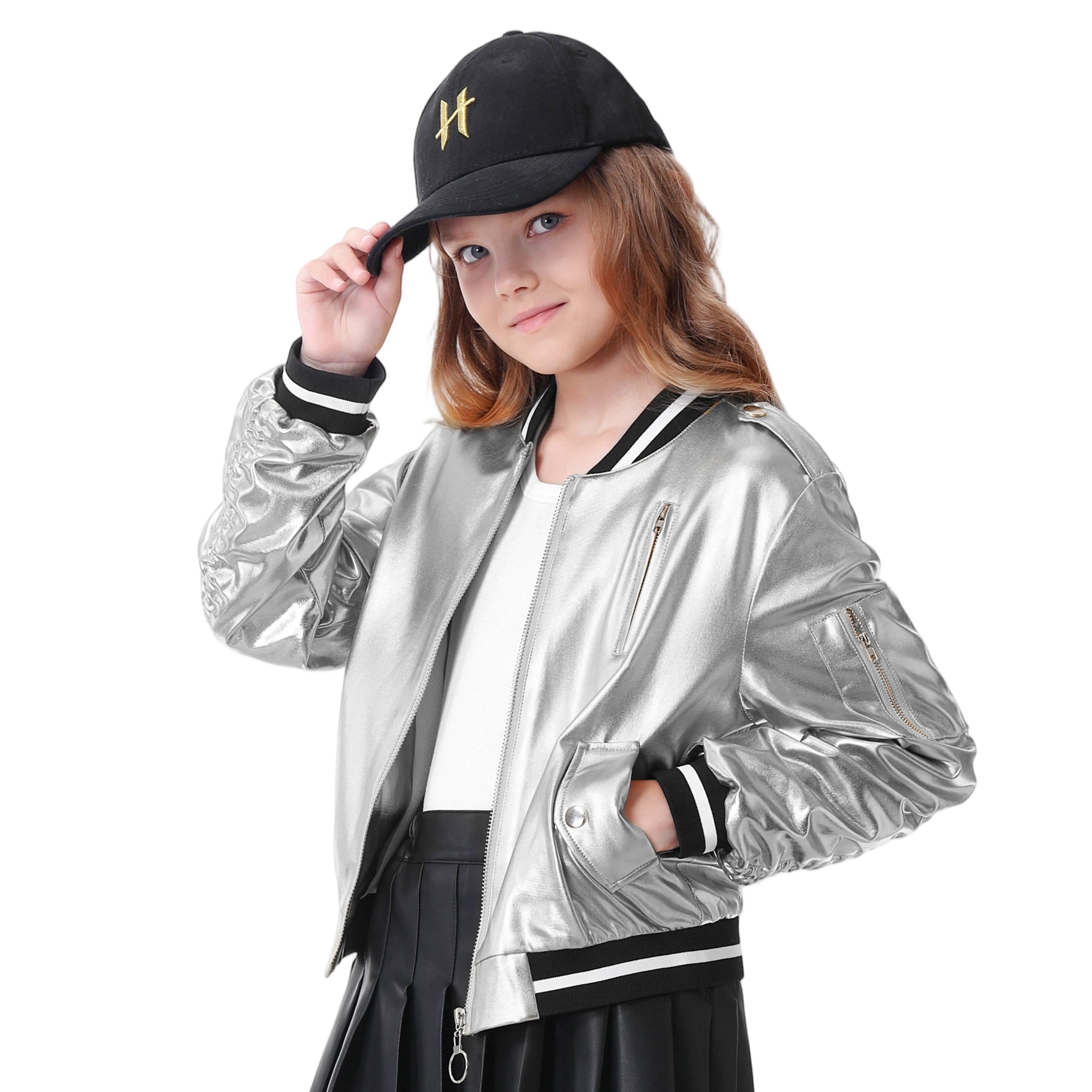 Kids Metallic Shiny Jacket Lightweight Y2K Disco Streetwear Girls Bomber Jacket