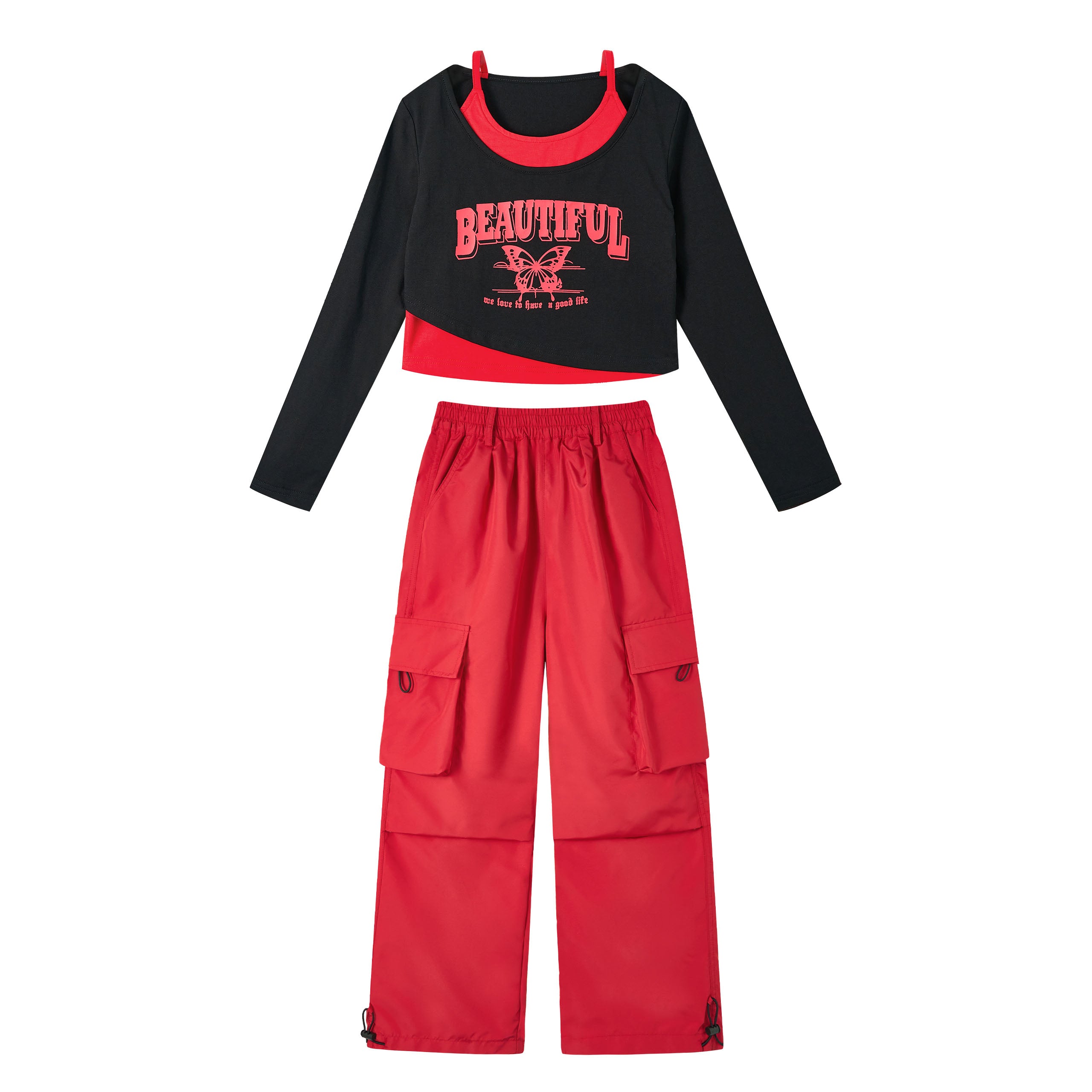 Girls 2 Piece Hip Hop Dance Outfits Long Sleeve Crop Top Cargo Pants Set