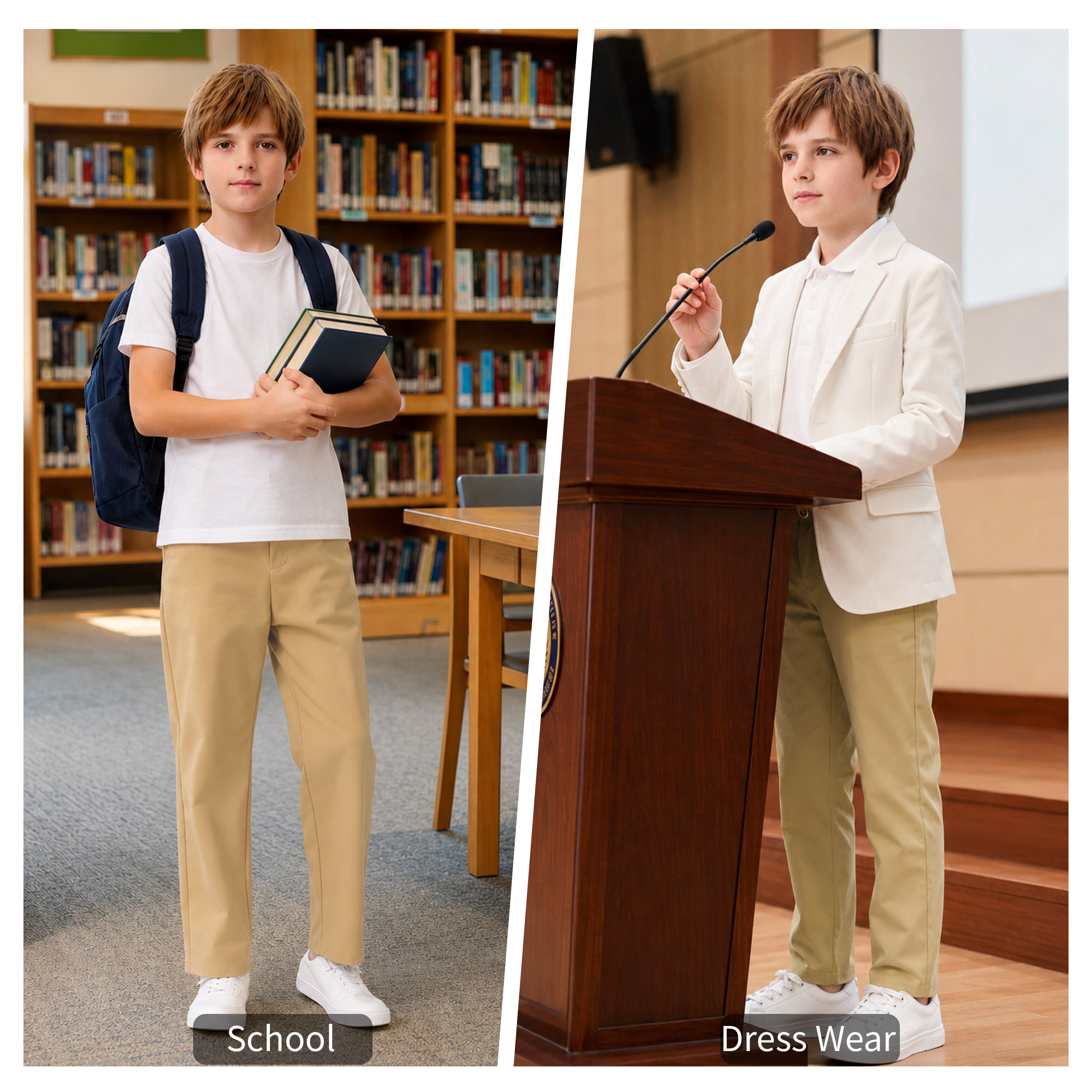 Boys Golf Dress Pants, Athletic Stretch Quick Dry Uniform Chino