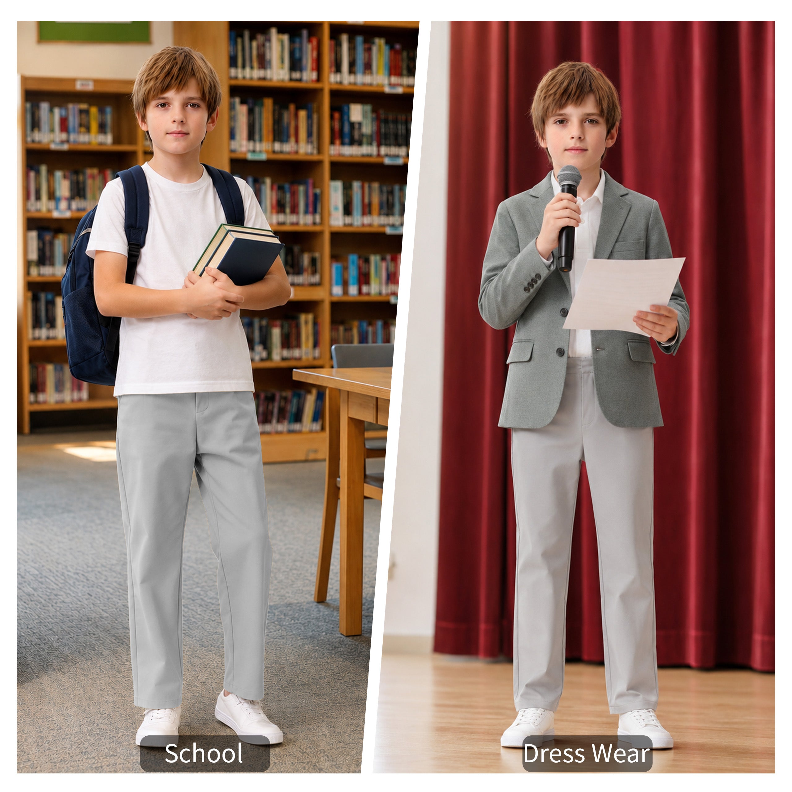 Boys Golf Dress Pants, Athletic Stretch Quick Dry Uniform Chino