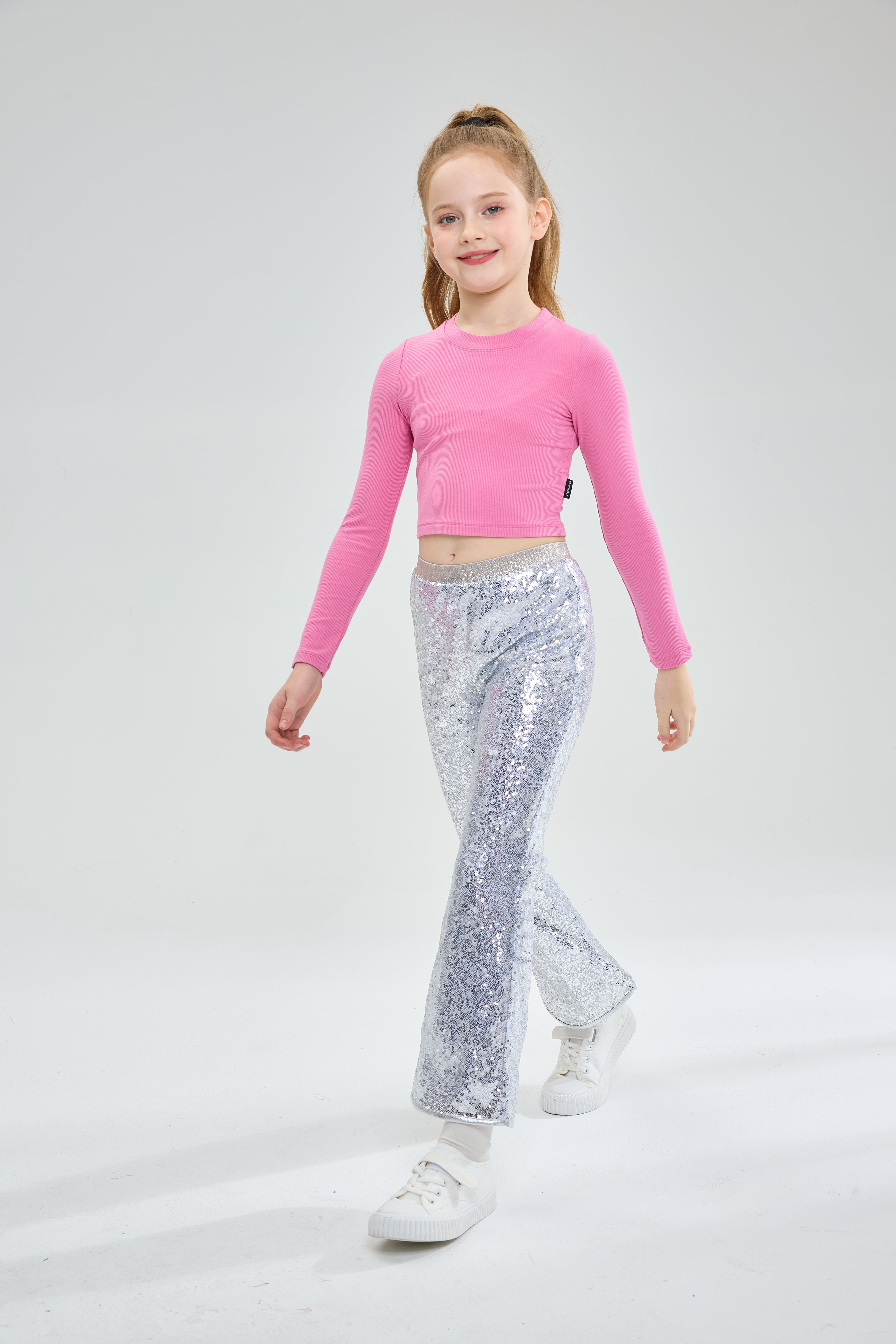 Girls Flare Sequin Trousers Casual Elastic Mid-Waist Bell Bottoms