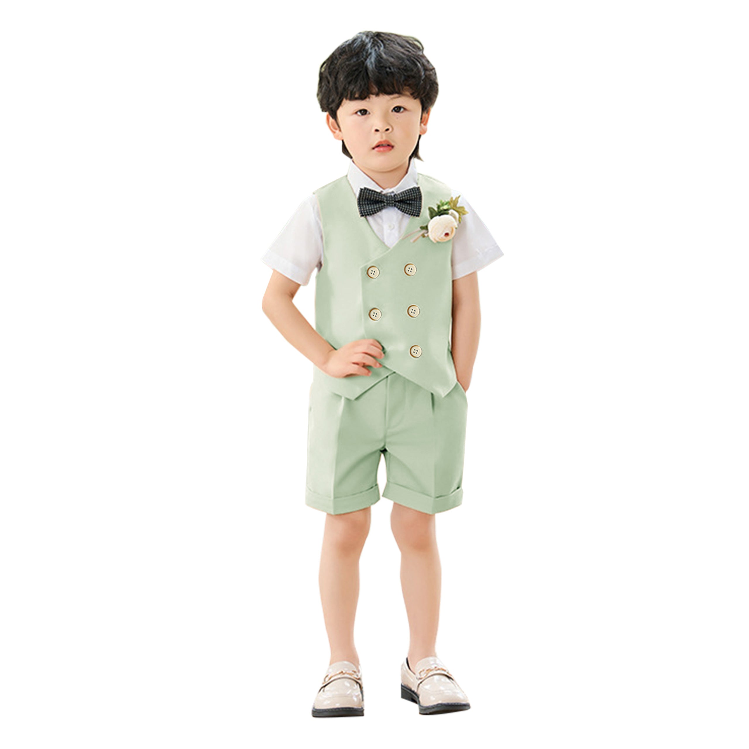 Summer Boys Suit, 4Pcs Kids Waistcoat Tuxedo Wedding Ring Bearer Outfit