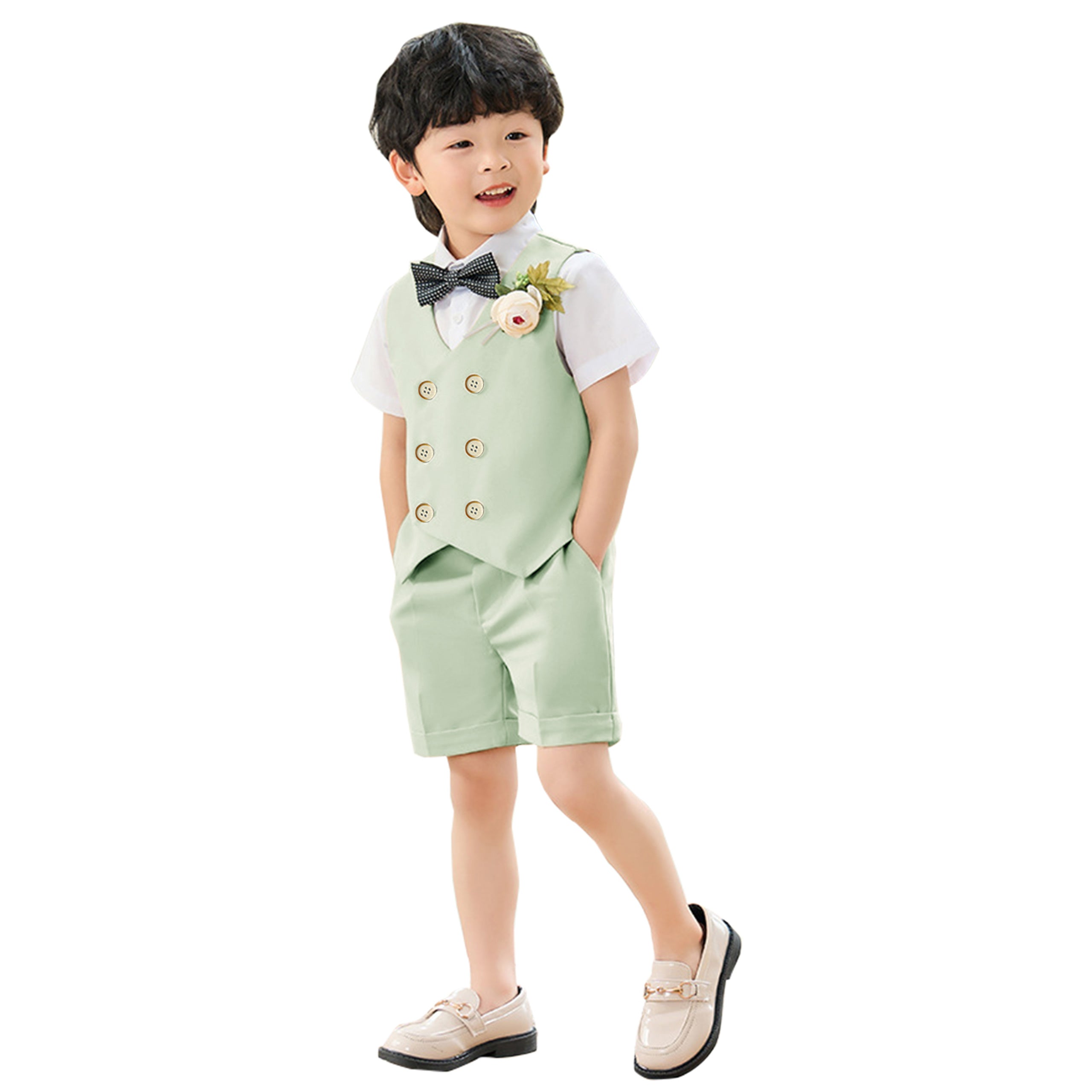 Summer Boys Suit, 4Pcs Kids Waistcoat Tuxedo Wedding Ring Bearer Outfit