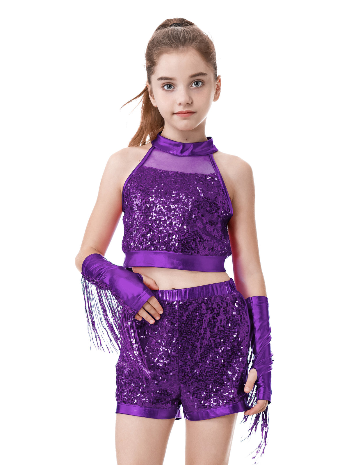 Girls’ Sequin Dance Outfit Crop Sequin Top Metallic Shorts with Tassel Arm Sleeves