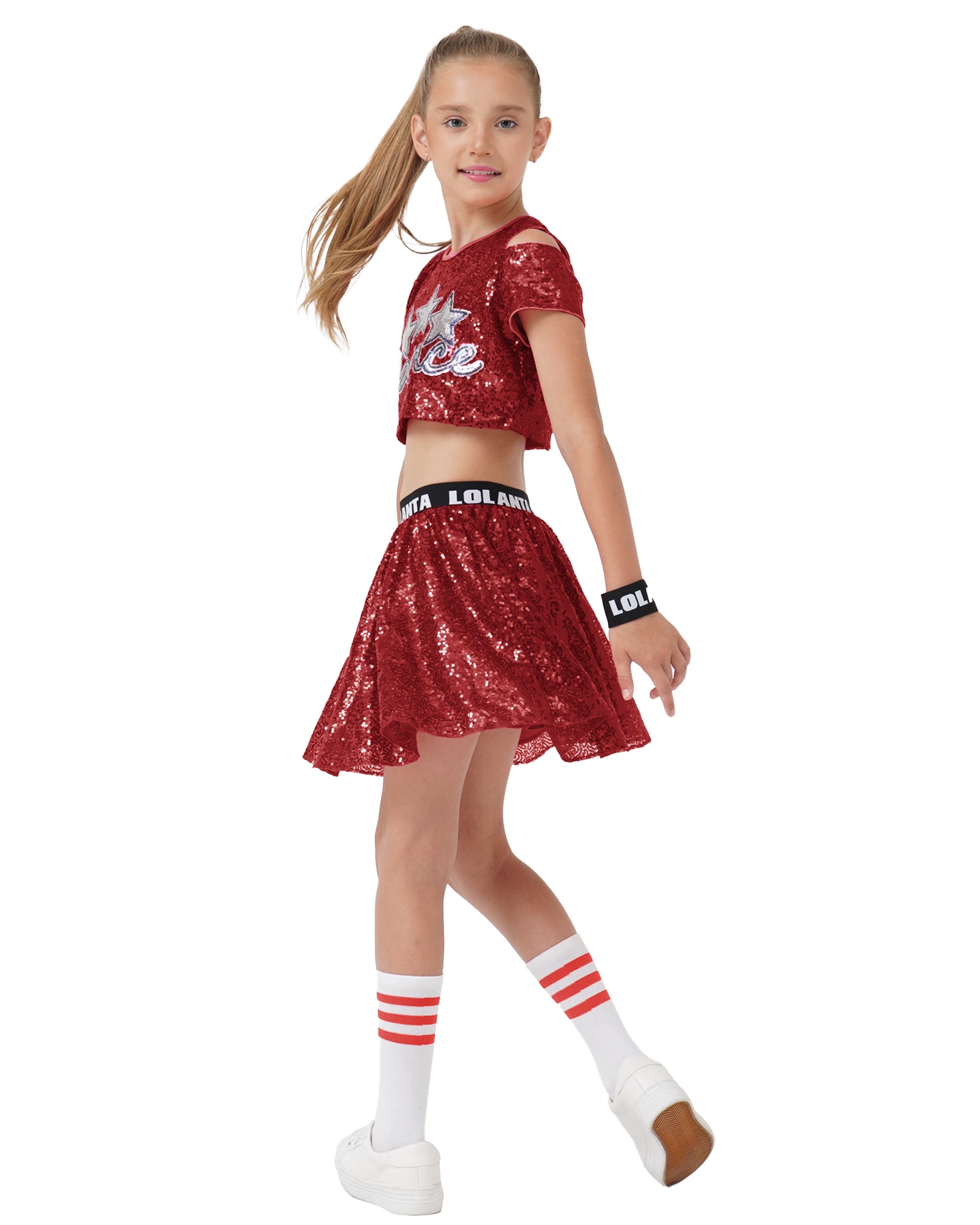 Girls Dance Outfits 4 Piece Kids Sequin Pleated Skirts Set