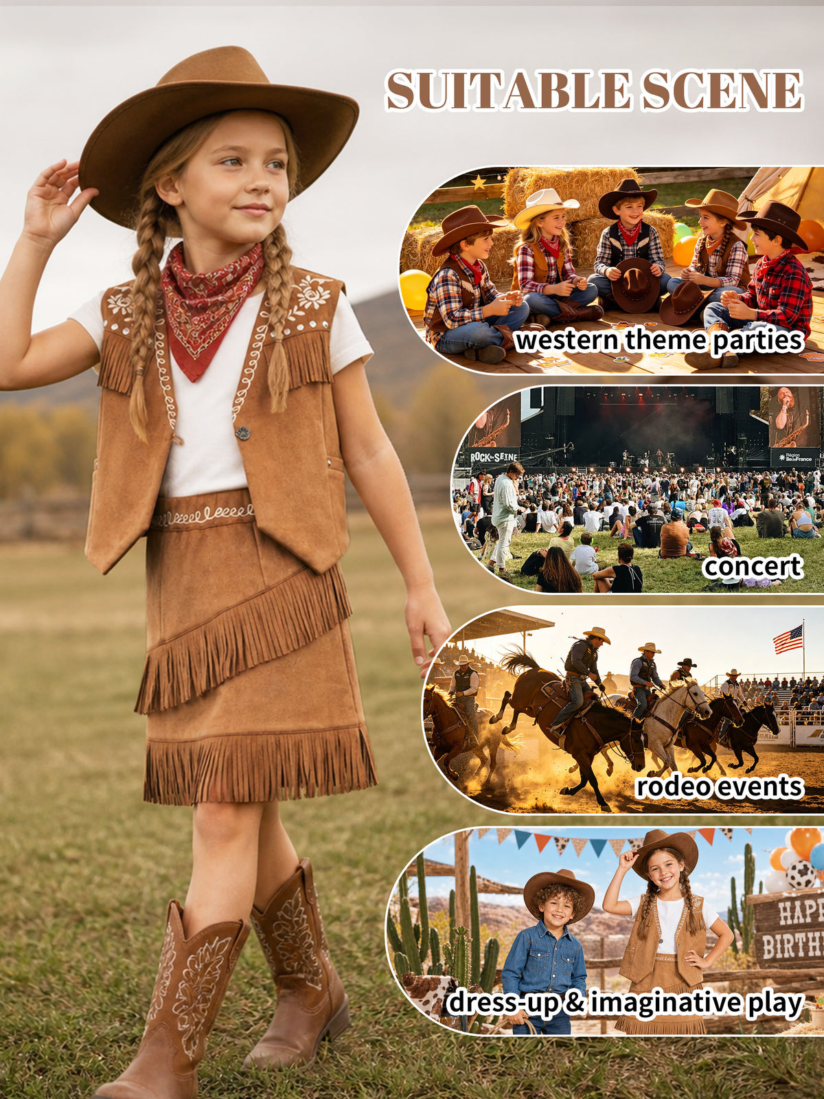 Cowgirl Outfits for Girls, Boho Western Fringe Vest Skirt 2Pcs Set