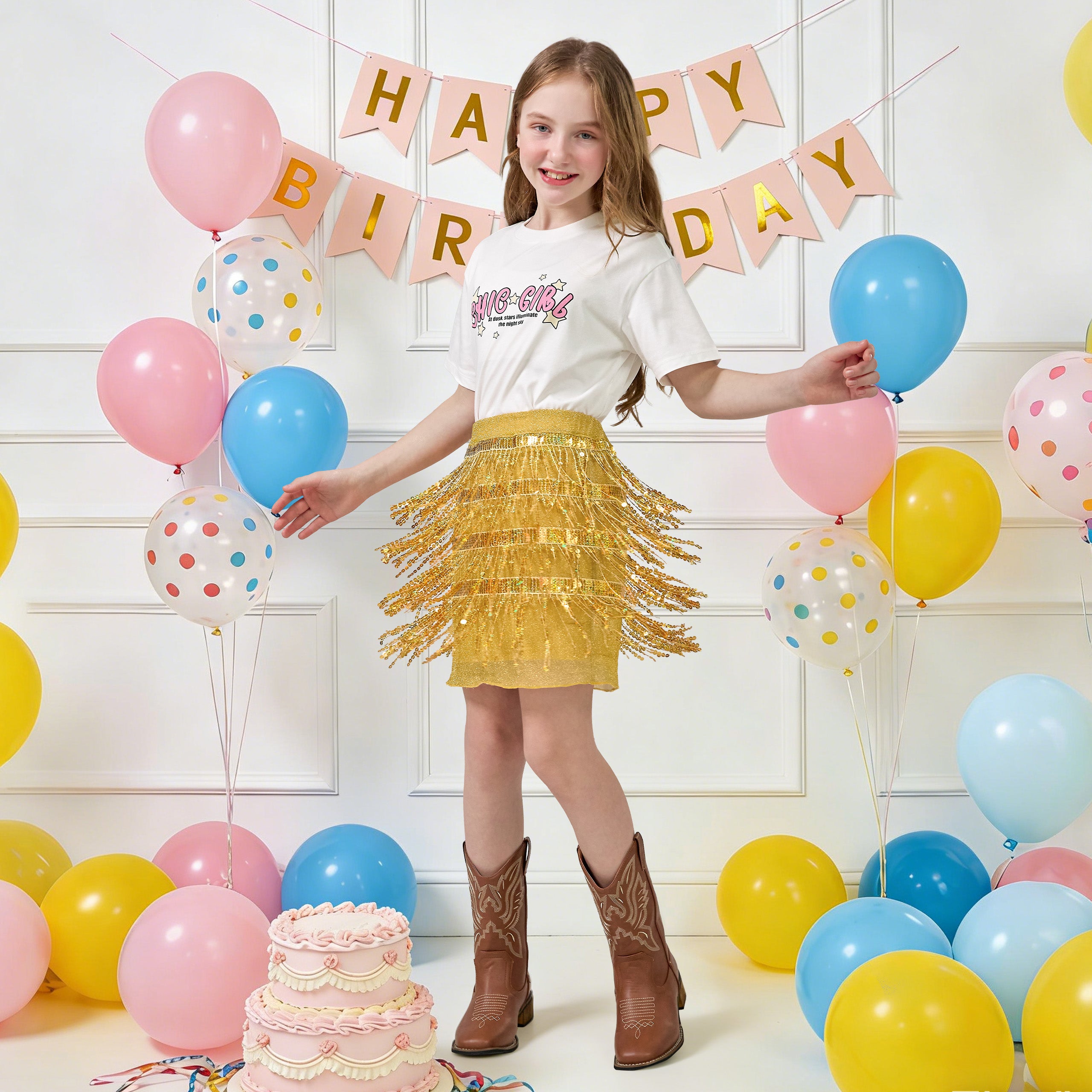 Girls Sequin Fringe Skirts Sparkle