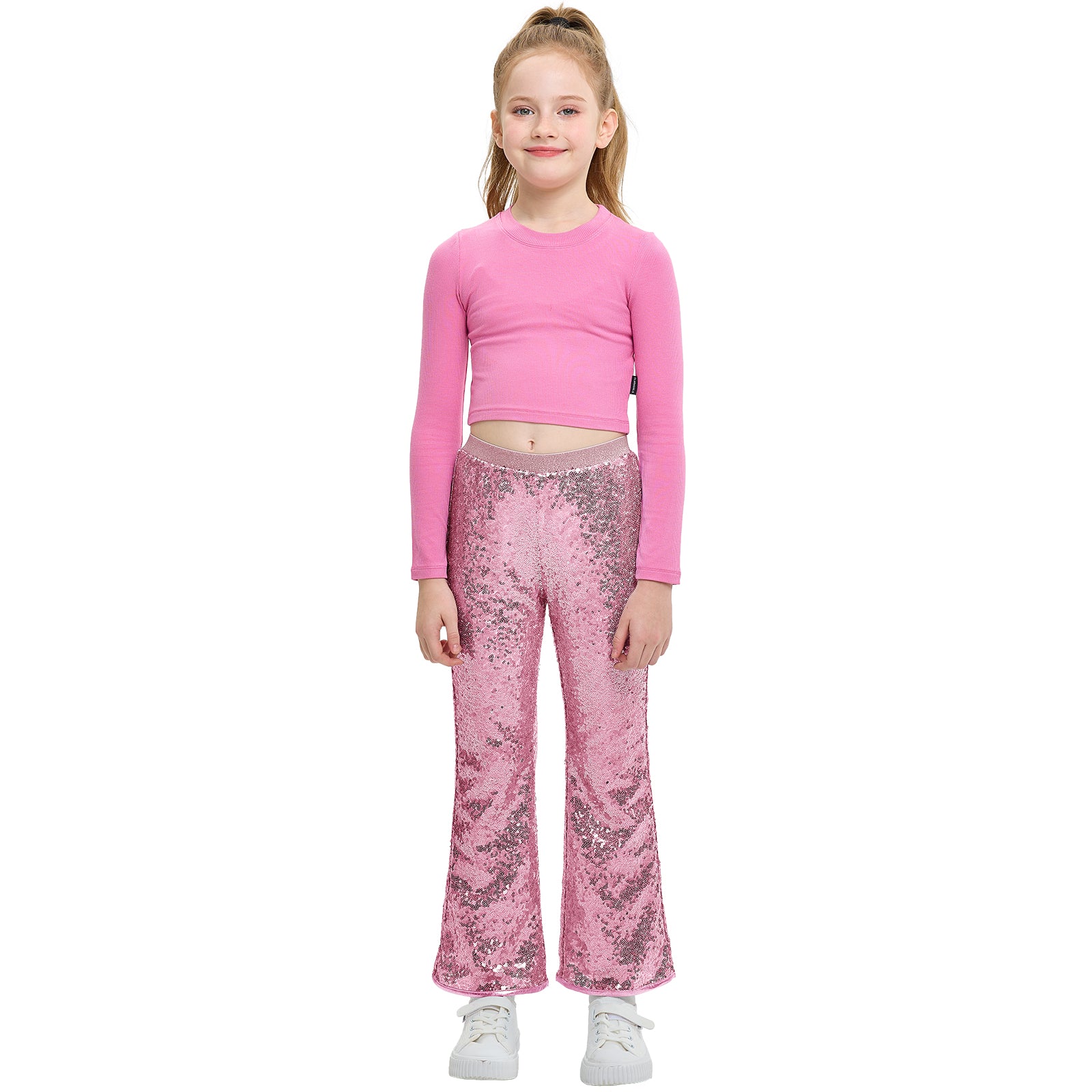 Girls Flare Sequin Trousers Casual Elastic Mid-Waist Bell Bottoms