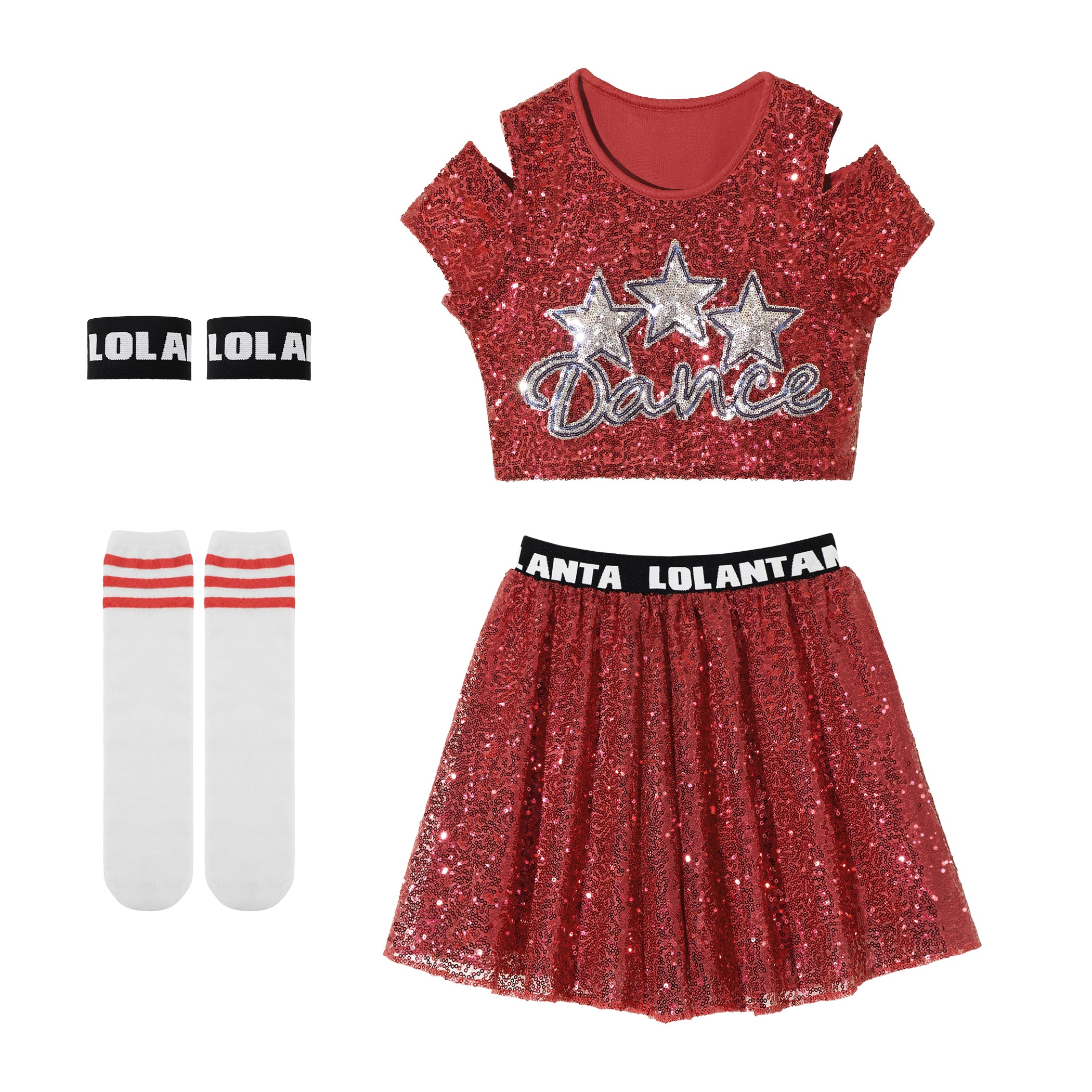 Girls Dance Outfits 4 Piece Kids Sequin Pleated Skirts Set