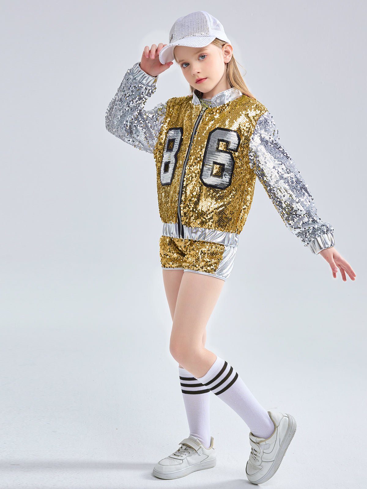 [VIP]Girls Fashionable Sequins Crop Top Shorts Dance Clothes