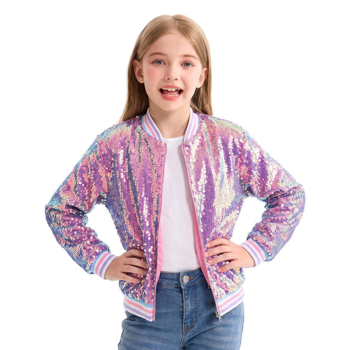 Girls Sequin Jacket Long Sleeve Kids Bomber Coats