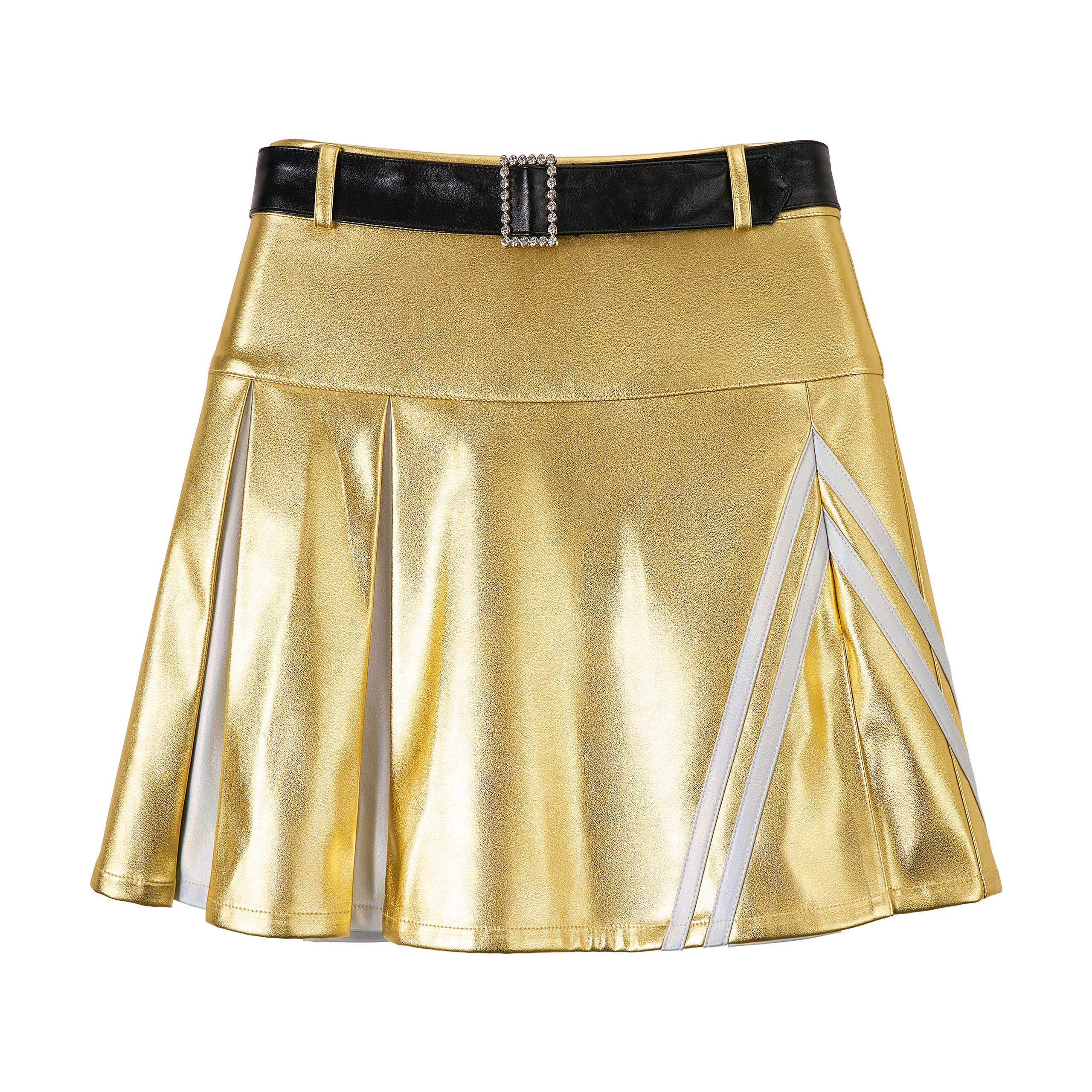 Girls 3Pcs Pleated Metallic Skirt with Shorts, Detachable Belt