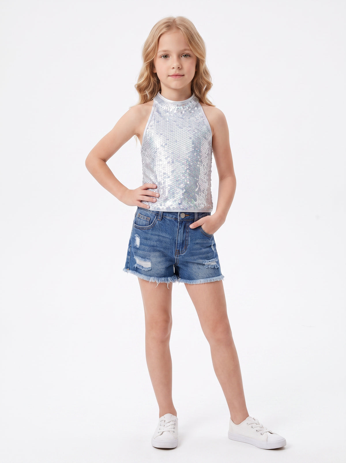 Girls Sequin Halter Top Stretchy Tank Sparkly Dance Shirt