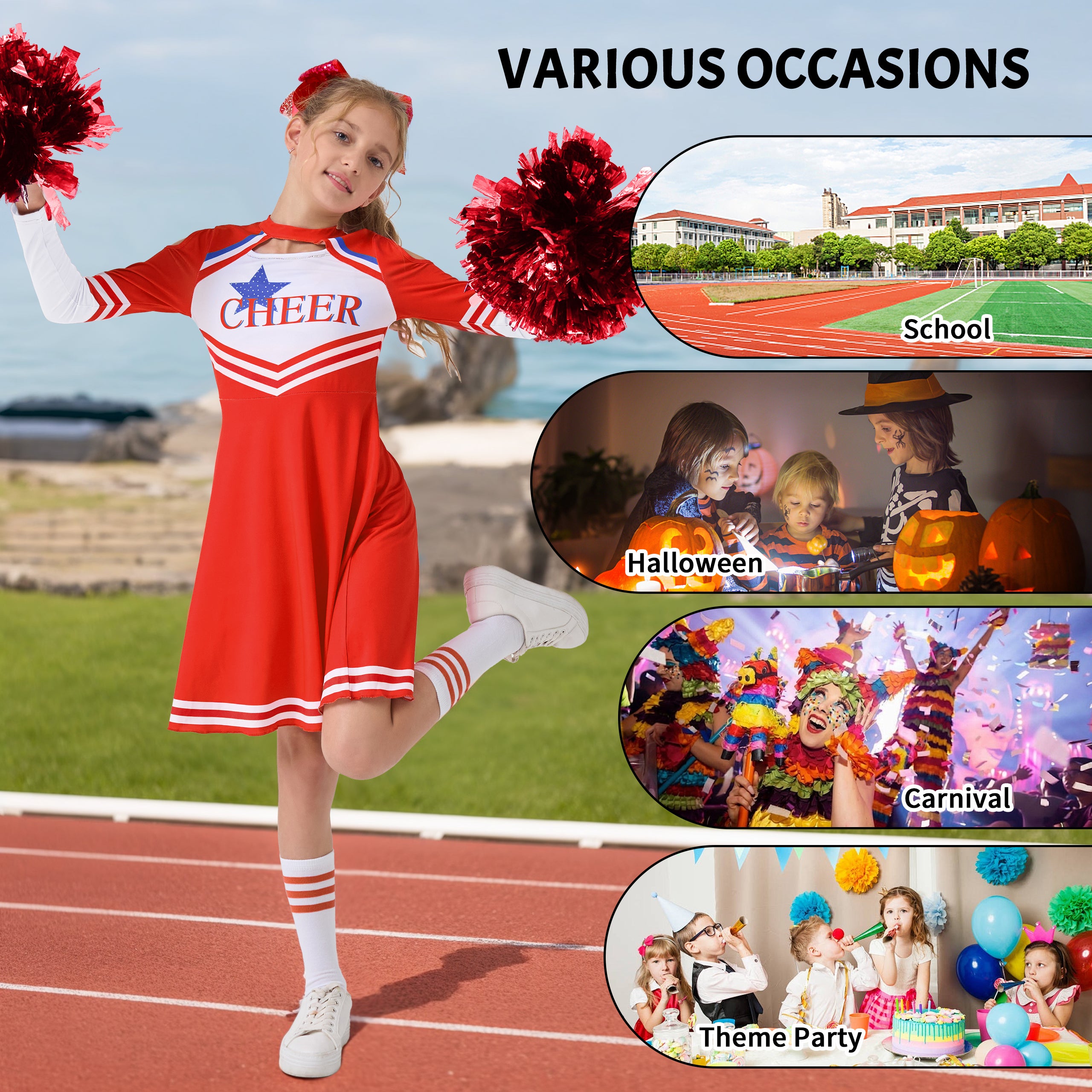 Girls Cheerleader Uniform, Long Sleeve Cheerleading Dress Kids Halloween Costumes