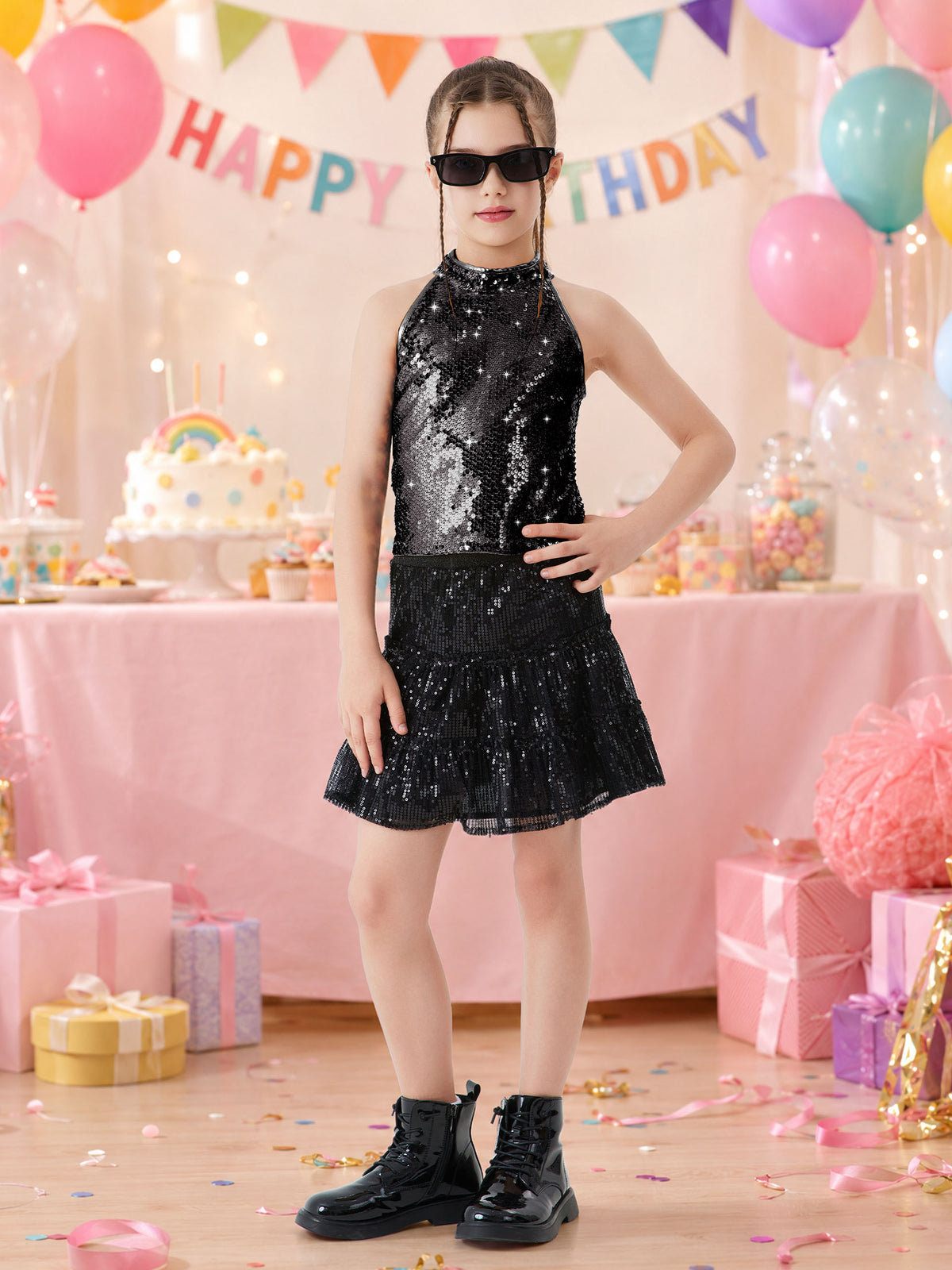 Girls Sequin Halter Top Stretchy Tank Sparkly Dance Shirt