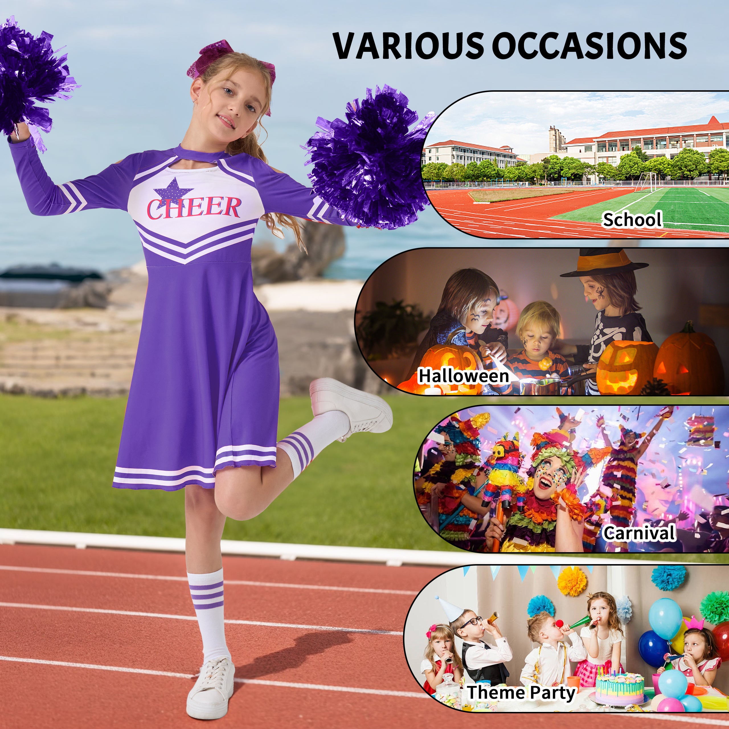 Girls Cheerleader Uniform, Long Sleeve Cheerleading Dress Kids Halloween Costumes