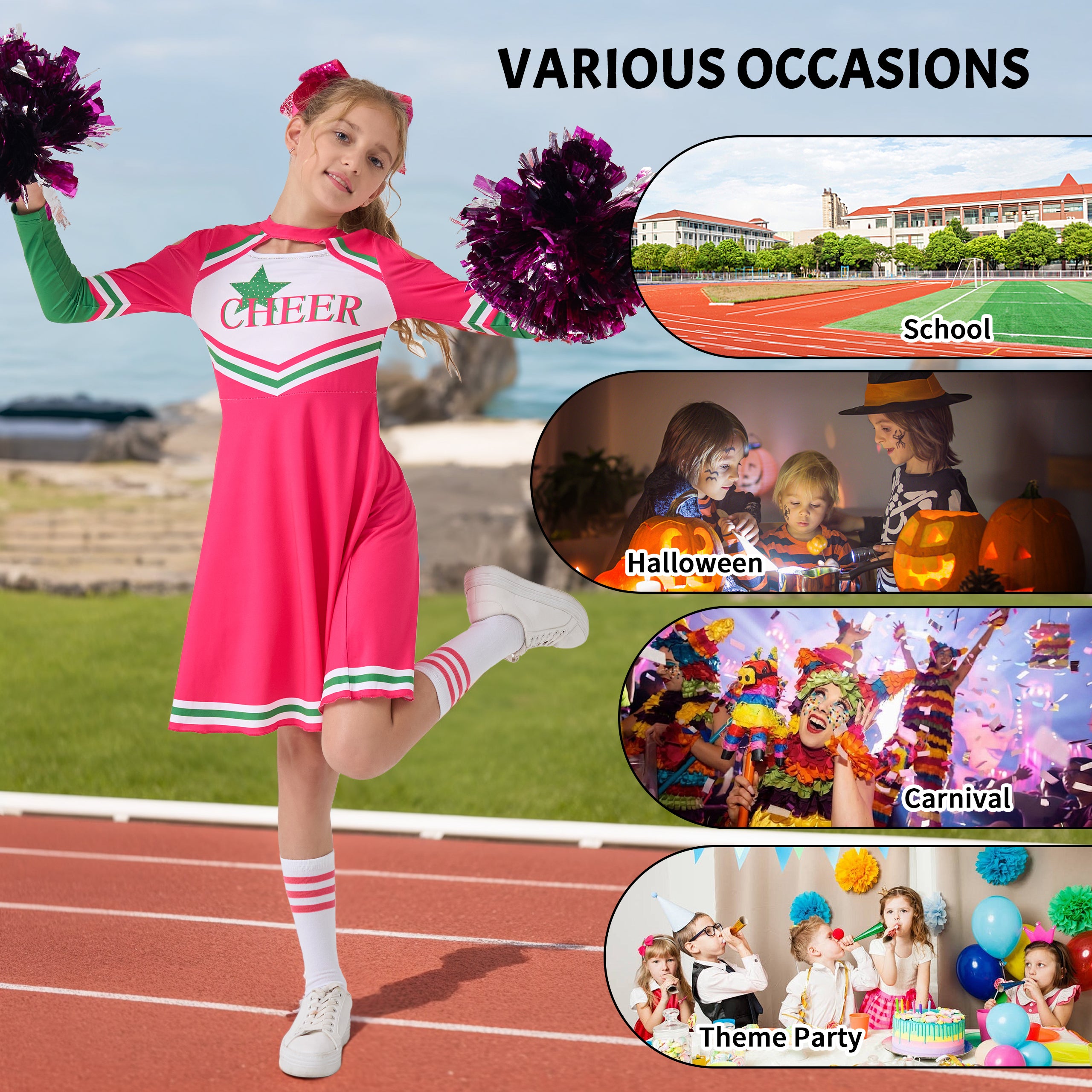 Girls Cheerleader Uniform, Long Sleeve Cheerleading Dress Kids Halloween Costumes