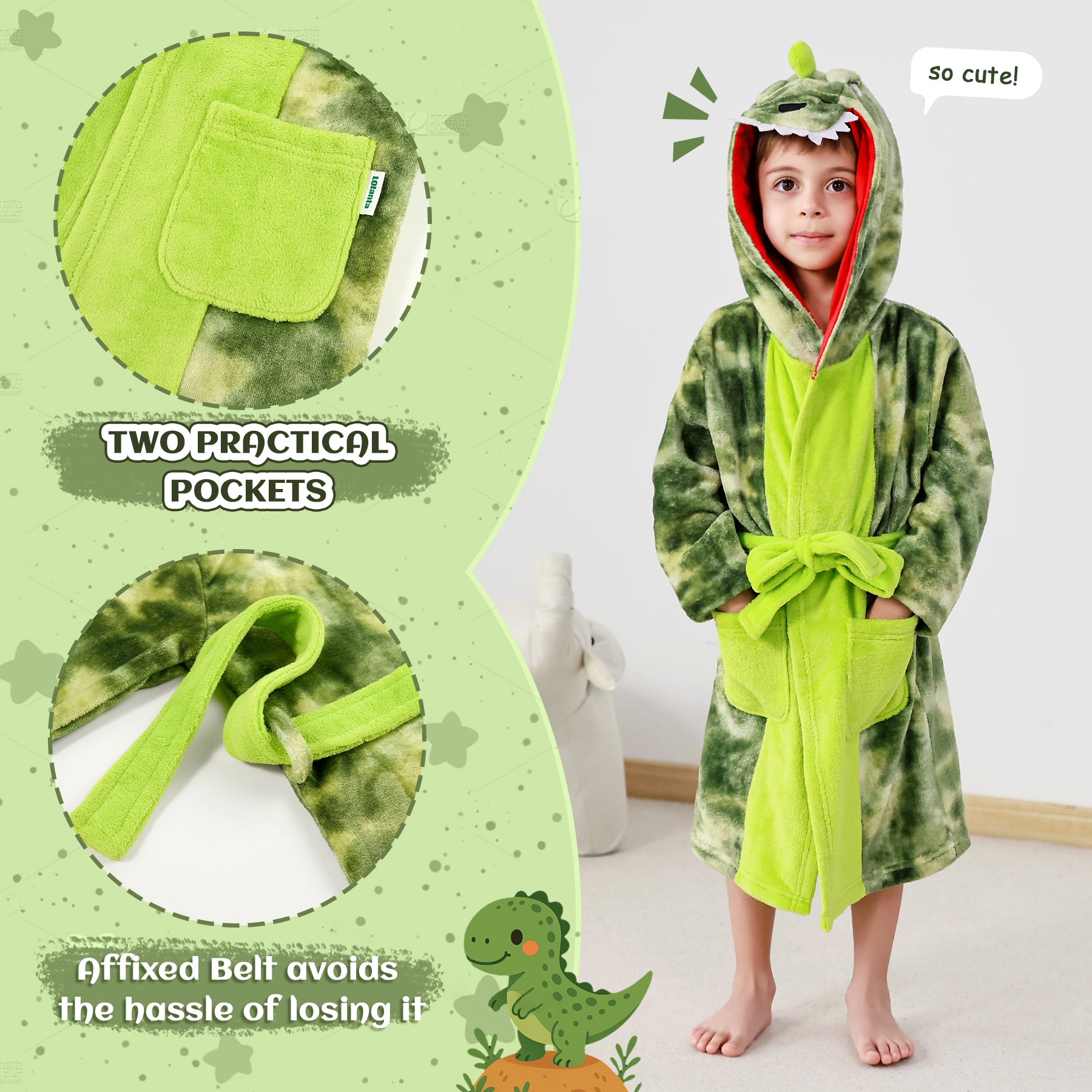 Boys Hooded Robes Fleece Dinosaur Bathrobe