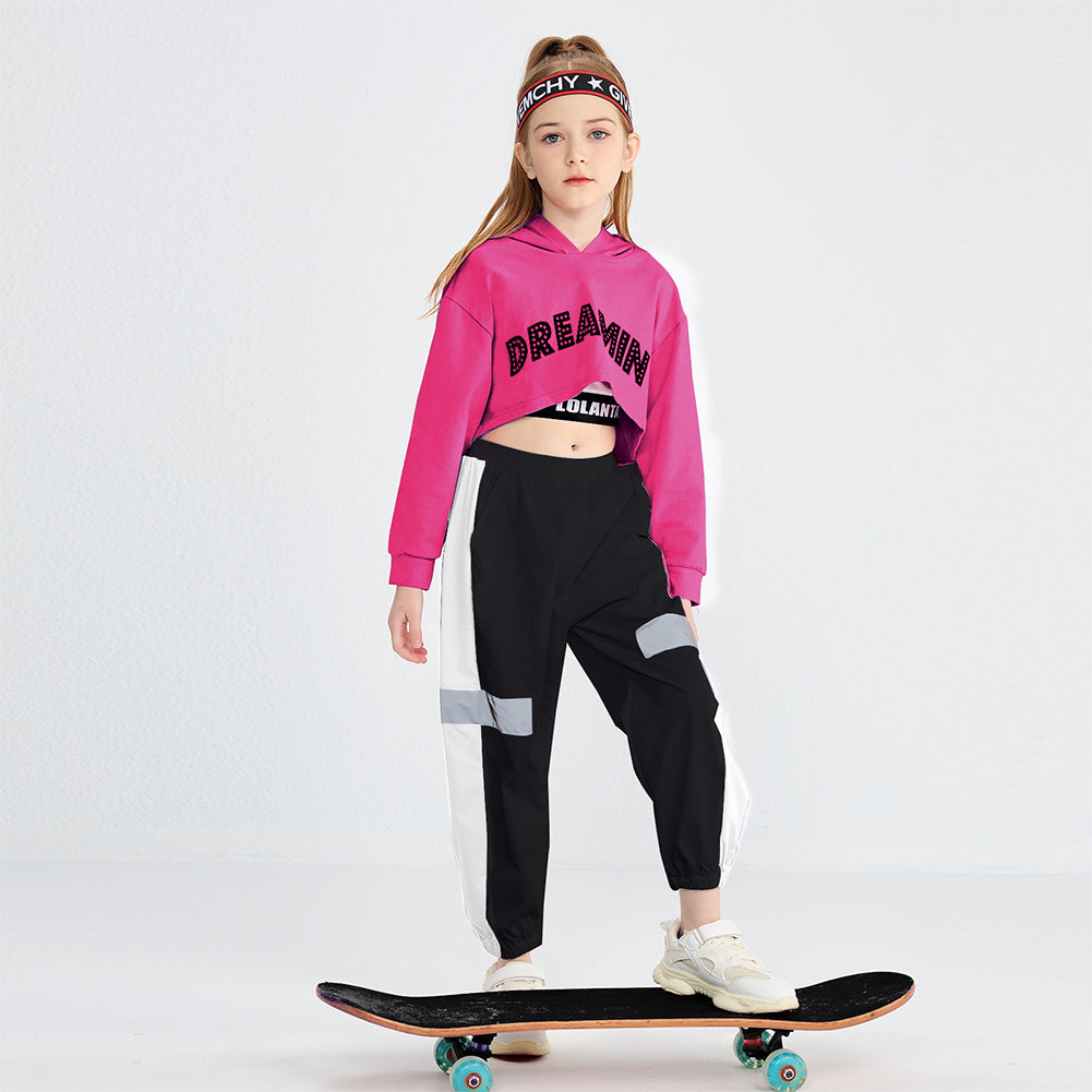 Girl's Street Dance Stage Hoodie Crop Top Sweatpants Performance Outfit