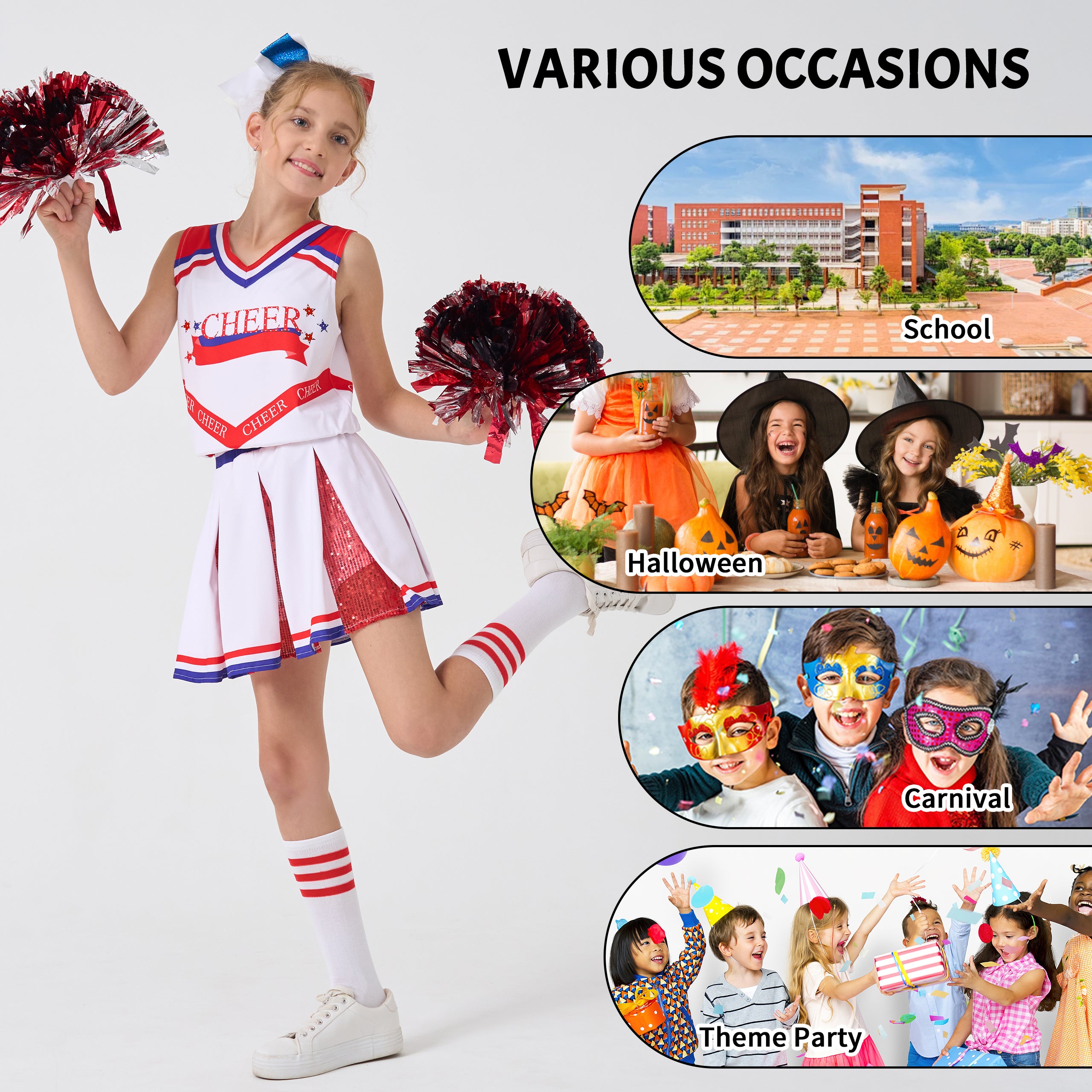 Girls Cheerleader Costumes Kids Halloween Costume Glitter Cheerleading Uniform