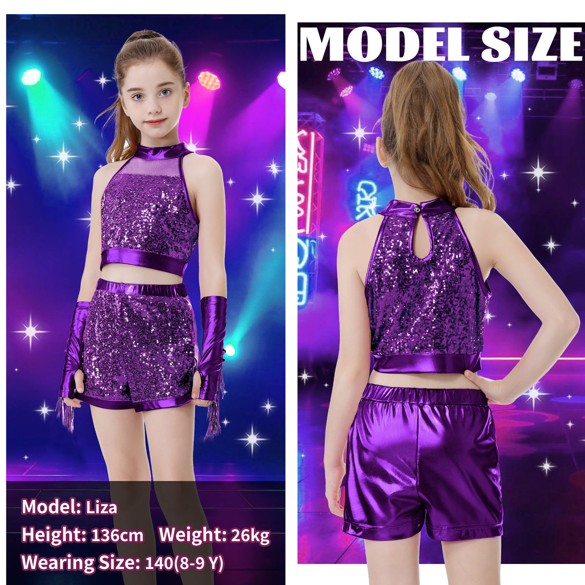 Girls’ Sequin Dance Outfit Crop Sequin Top Metallic Shorts with Tassel Arm Sleeves