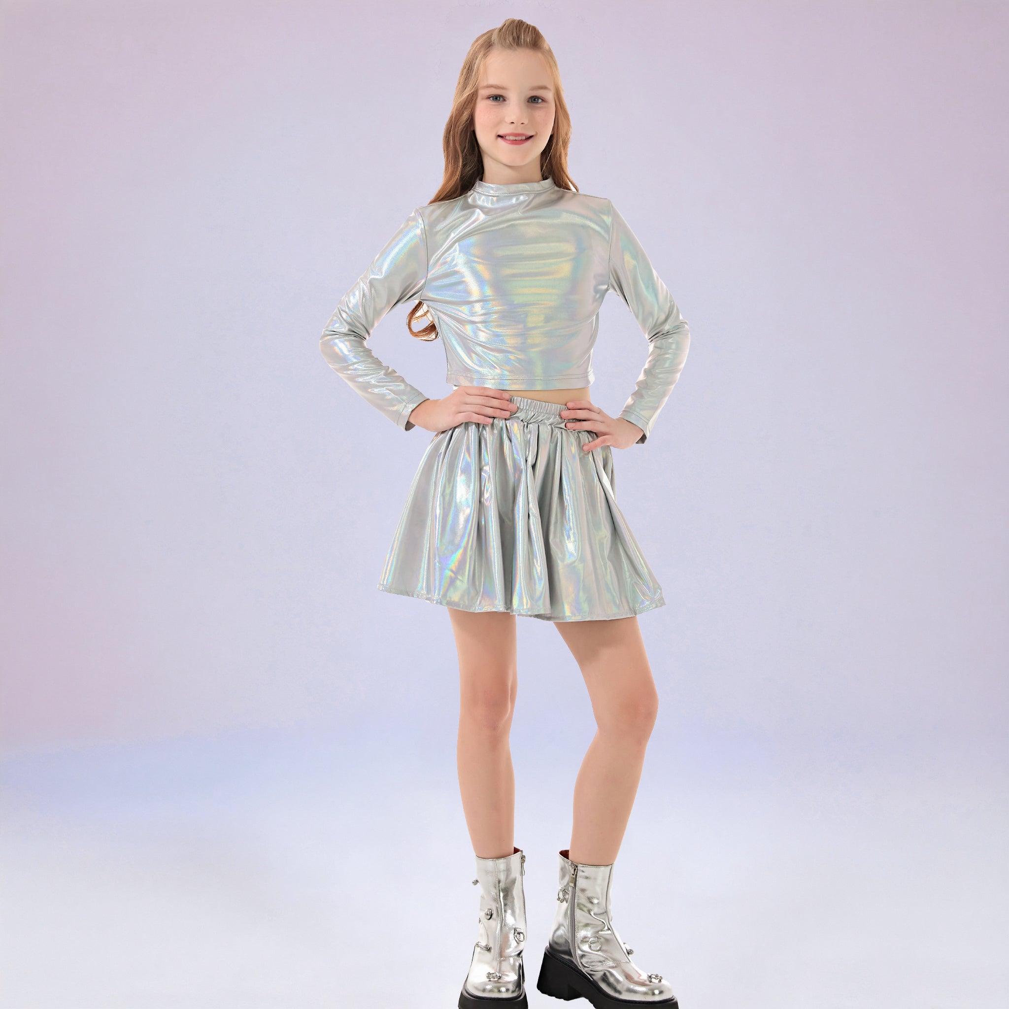 Metallic Dance Tops for Girls Long Sleeve Cropped Top