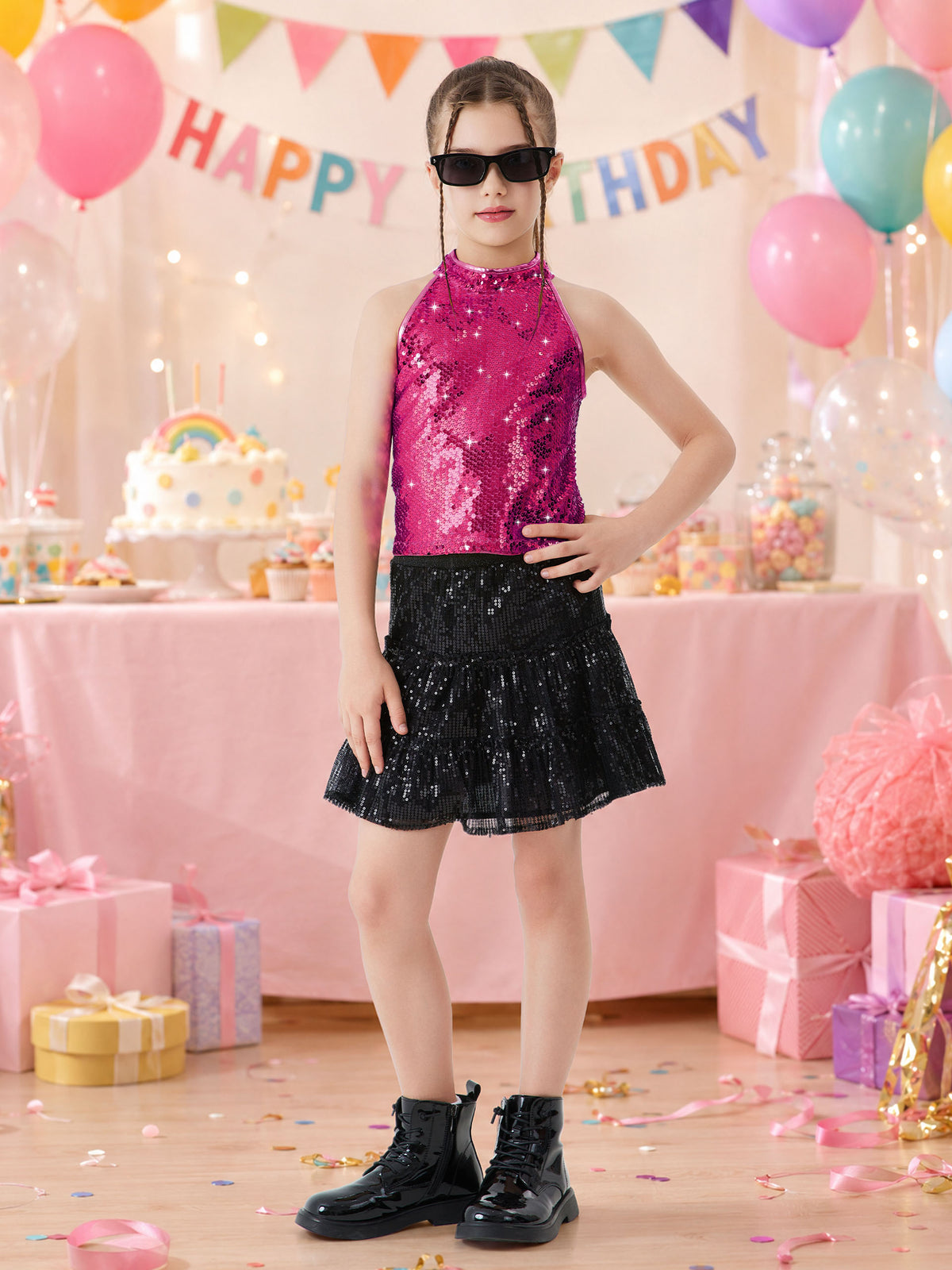 Girls Sequin Halter Top Stretchy Tank Sparkly Dance Shirt