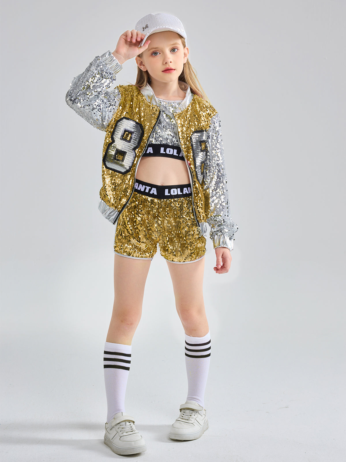 [VIP]Girls Fashionable Sequins Crop Top Shorts Dance Clothes