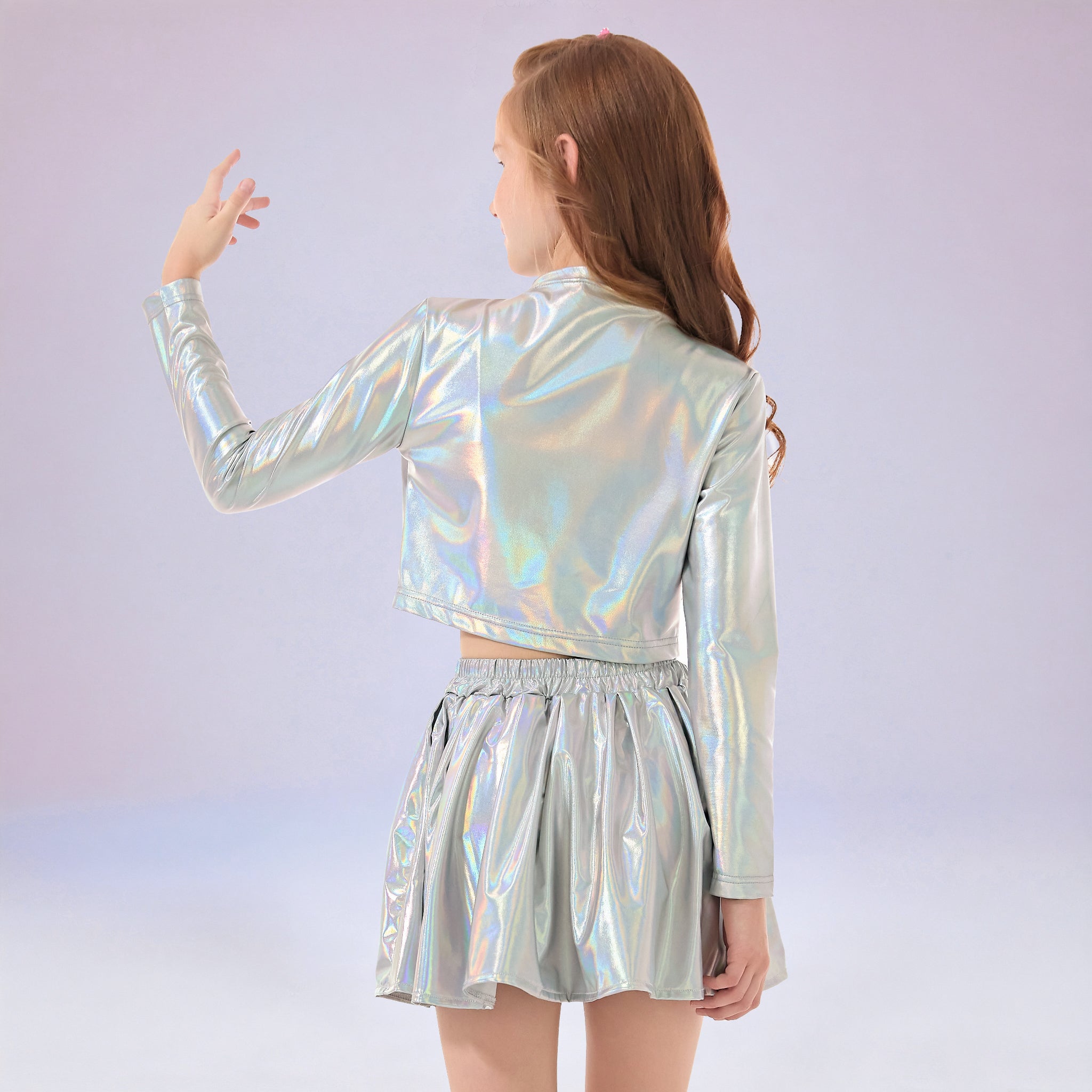 Metallic Dance Tops for Girls Long Sleeve Cropped Top