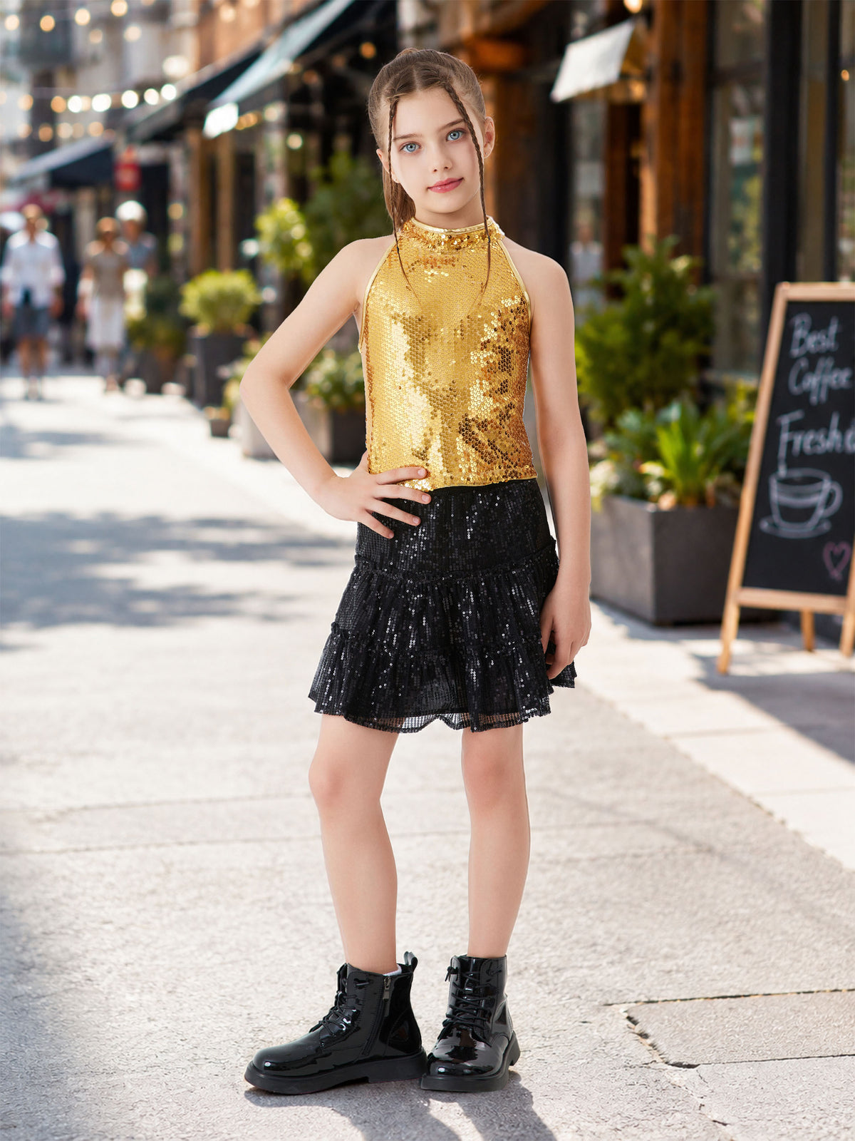 Girls Sequin Halter Top Stretchy Tank Sparkly Dance Shirt