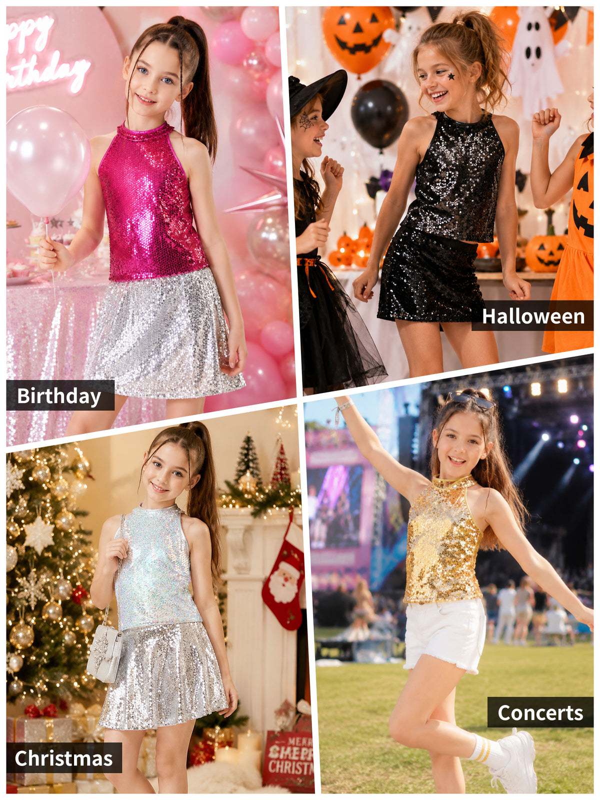 Girls Sequin Halter Top Stretchy Tank Sparkly Dance Shirt