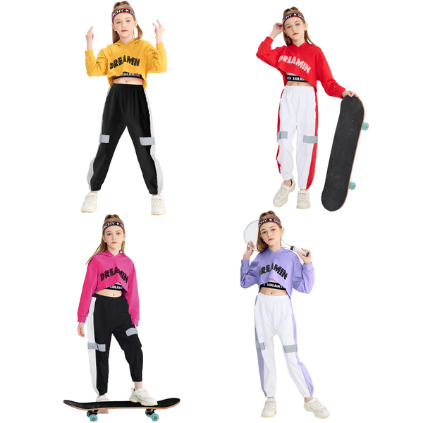 Girl's Street Dance Stage Hoodie Crop Top Sweatpants Performance Outfit