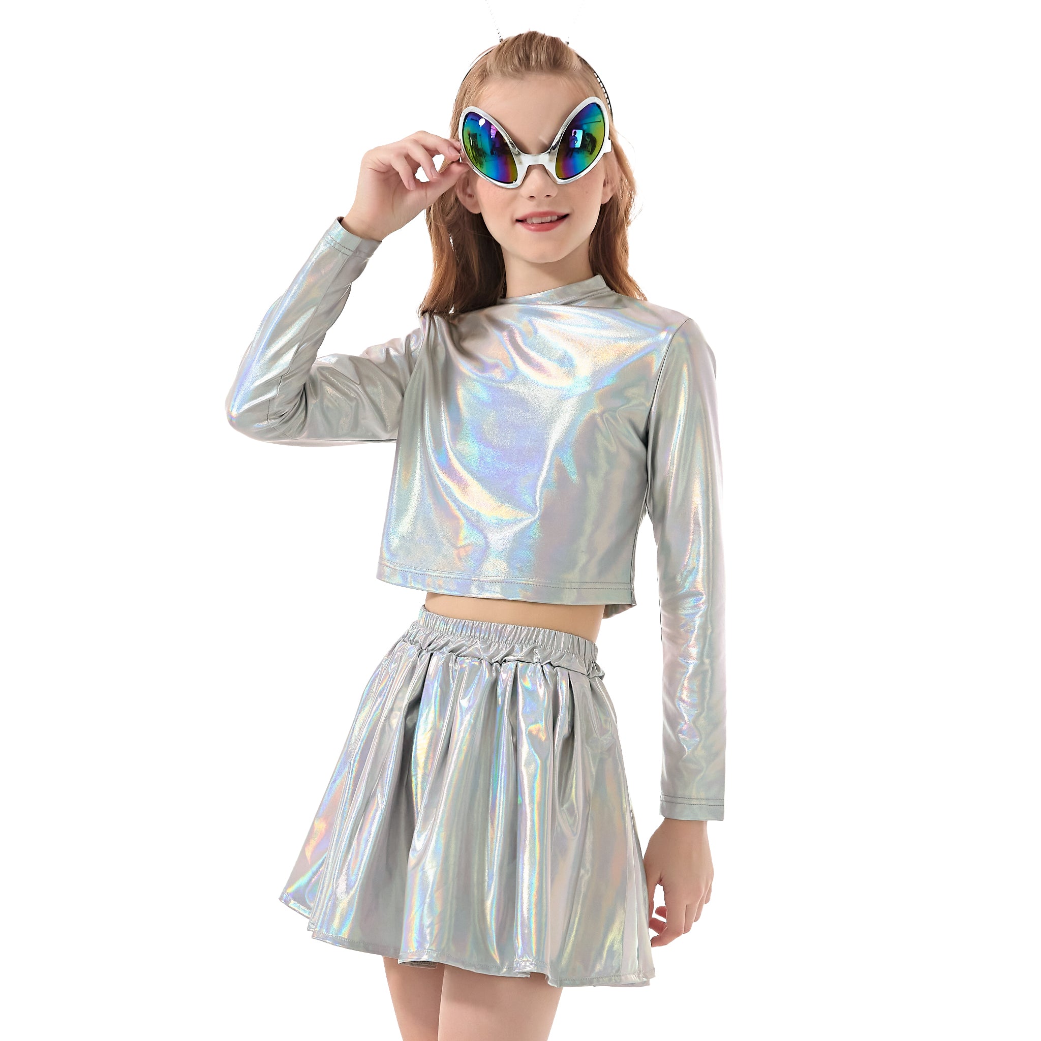 Metallic Dance Tops for Girls Long Sleeve Cropped Top