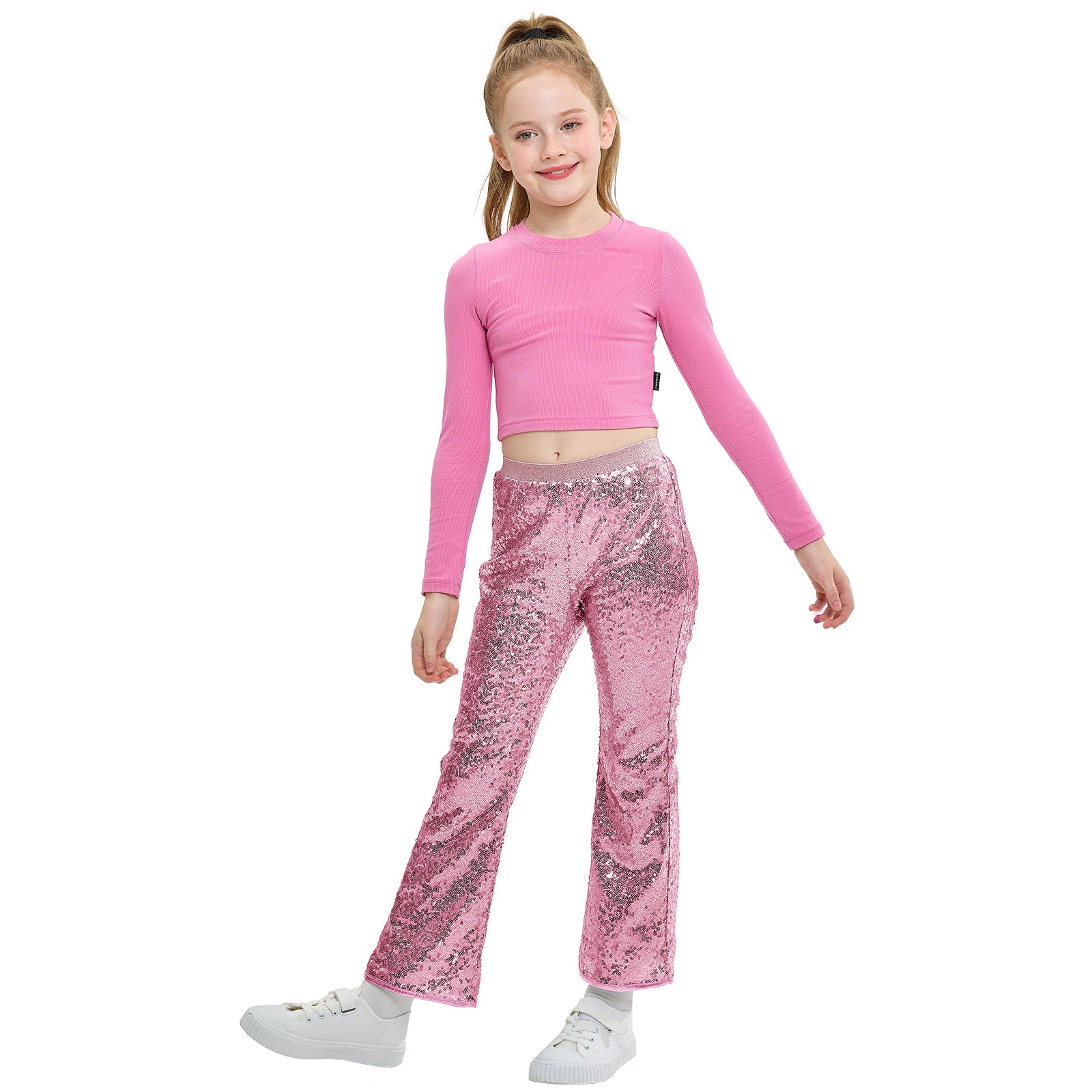 Girls Flare Sequin Trousers Casual Elastic Mid-Waist Bell Bottoms