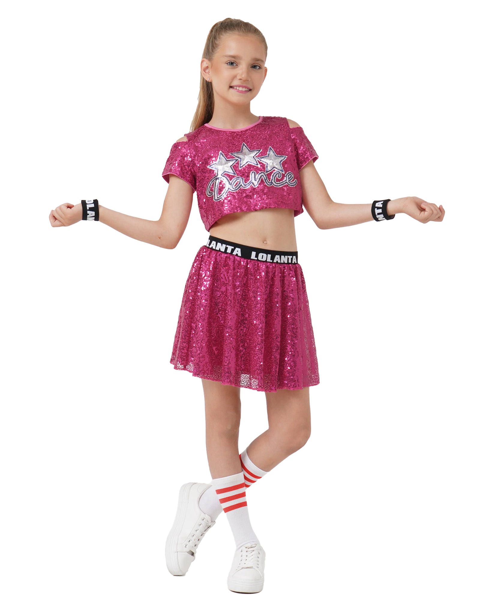 Girls Dance Outfits 4 Piece Kids Sequin Pleated Skirts Set