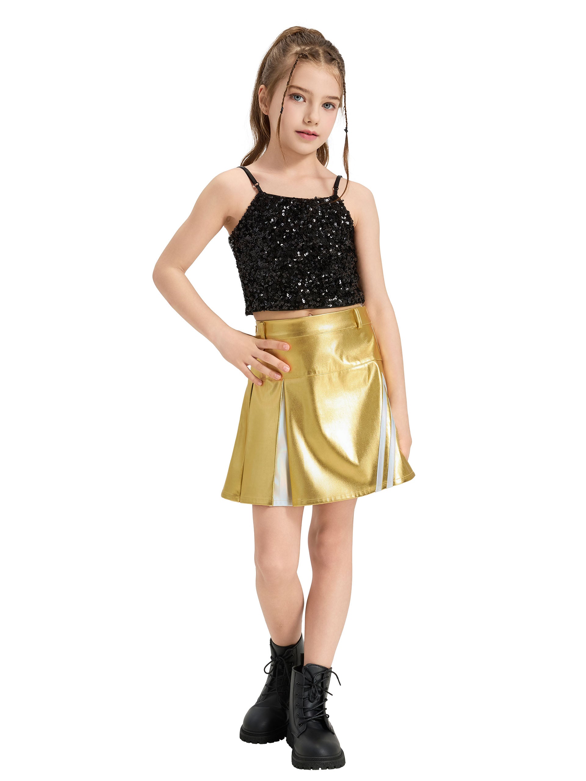 Girls 3Pcs Pleated Metallic Skirt with Shorts, Detachable Belt
