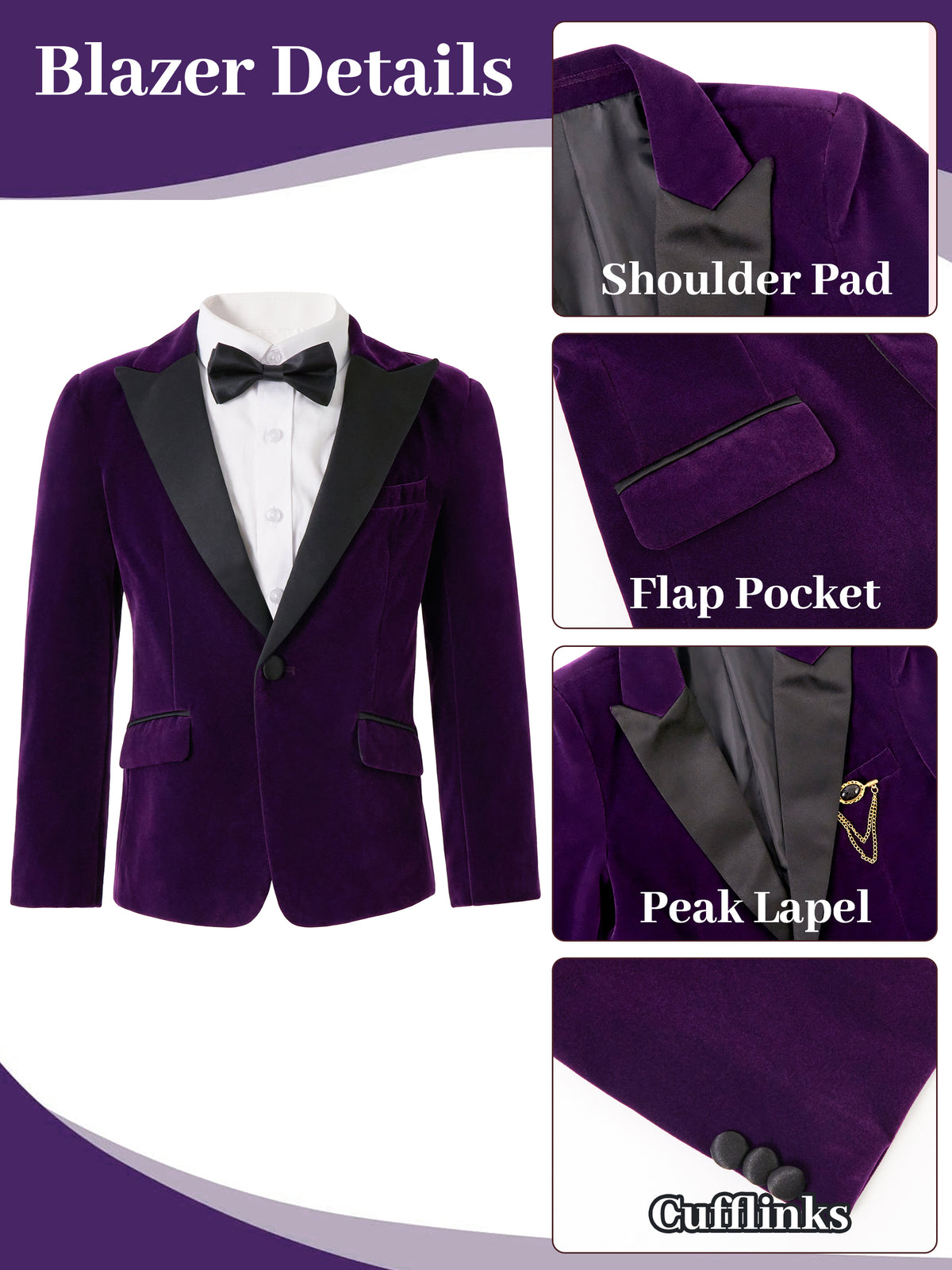Boys Velvet Suit 4 Piece Slim Fit Tuxedo Formal Ring Bearer Outfit