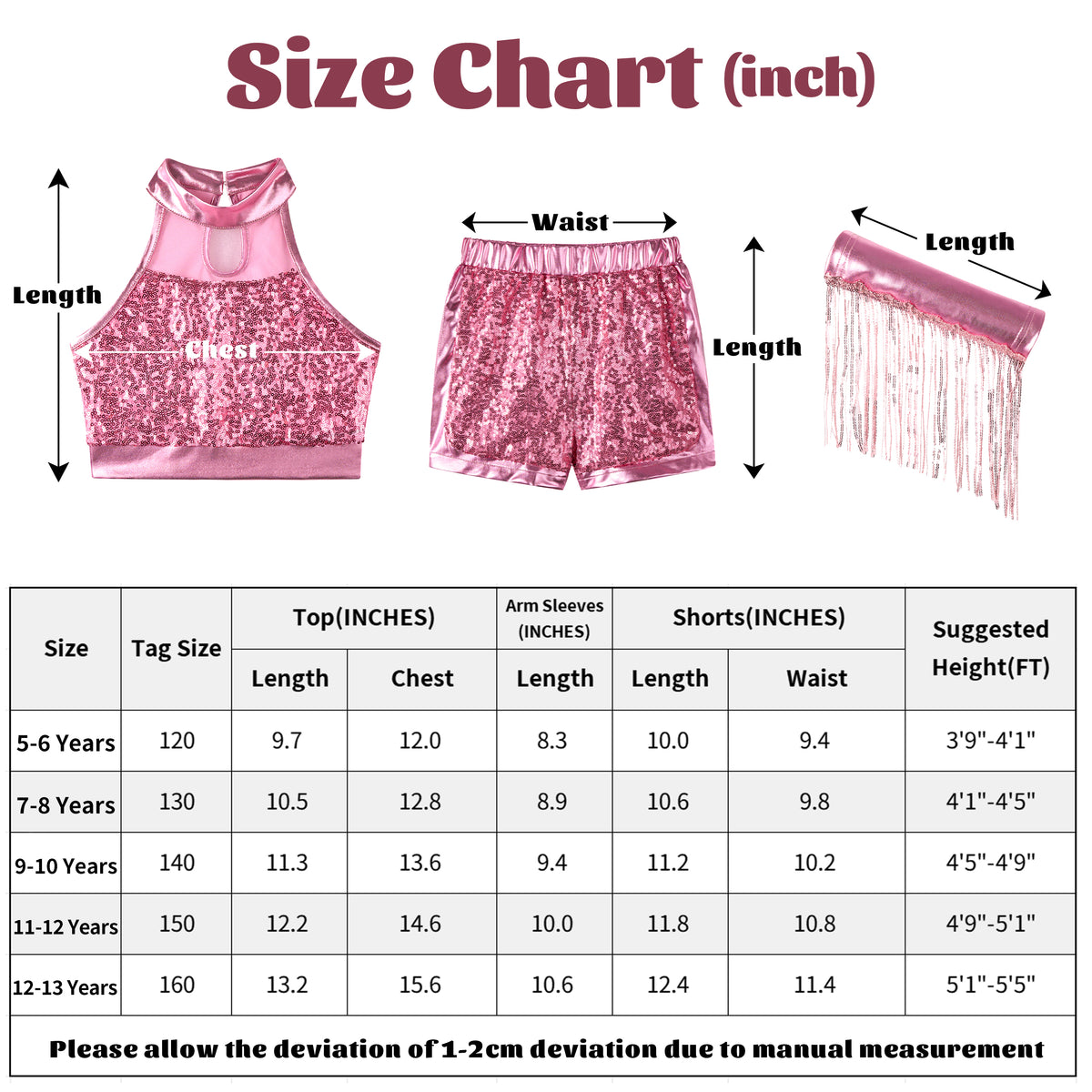 Girls’ Sequin Dance Outfit Crop Sequin Top Metallic Shorts with Tassel Arm Sleeves