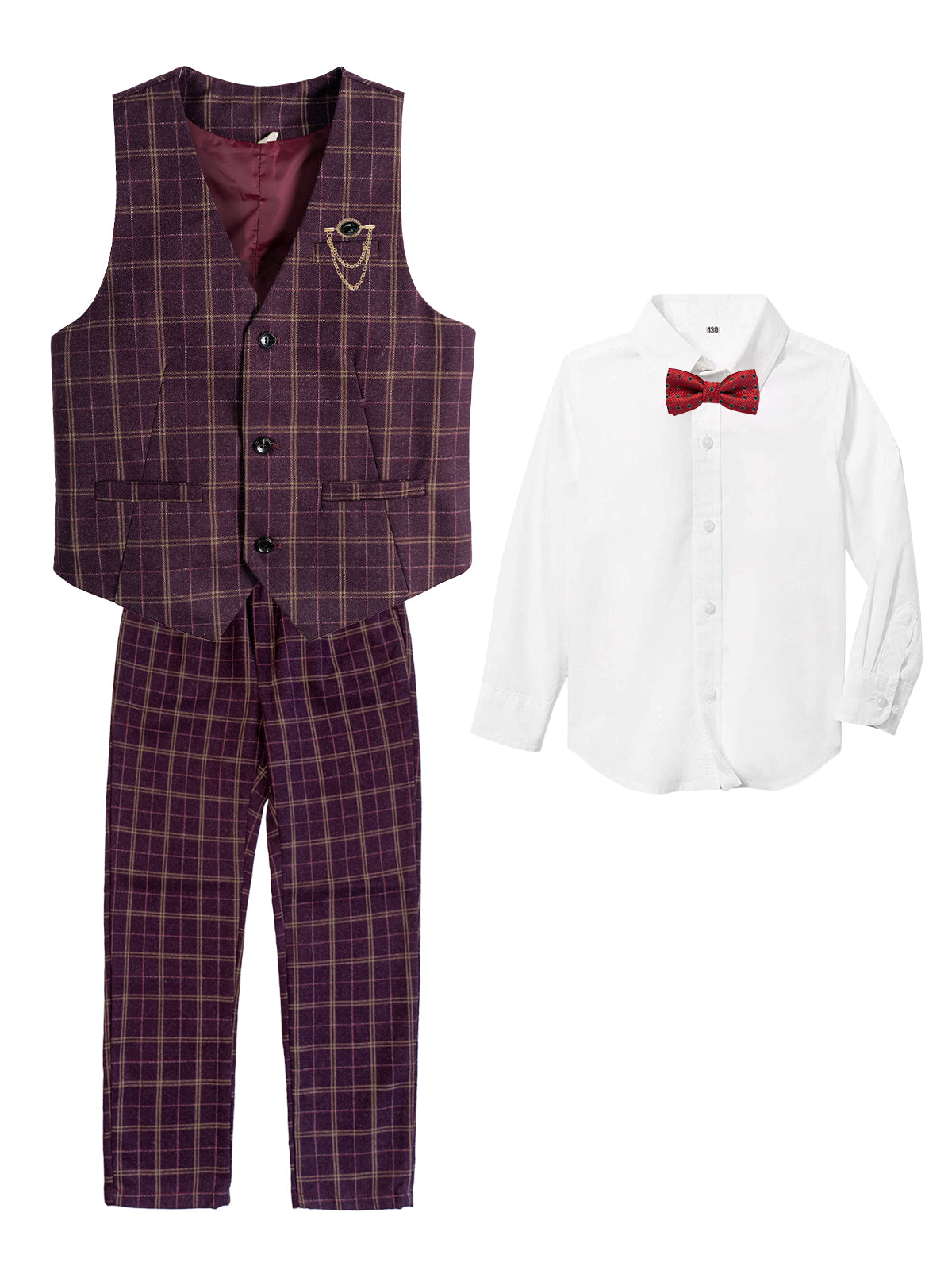 Boys Vest Pants Set Plaid Dress Suit with Shirt